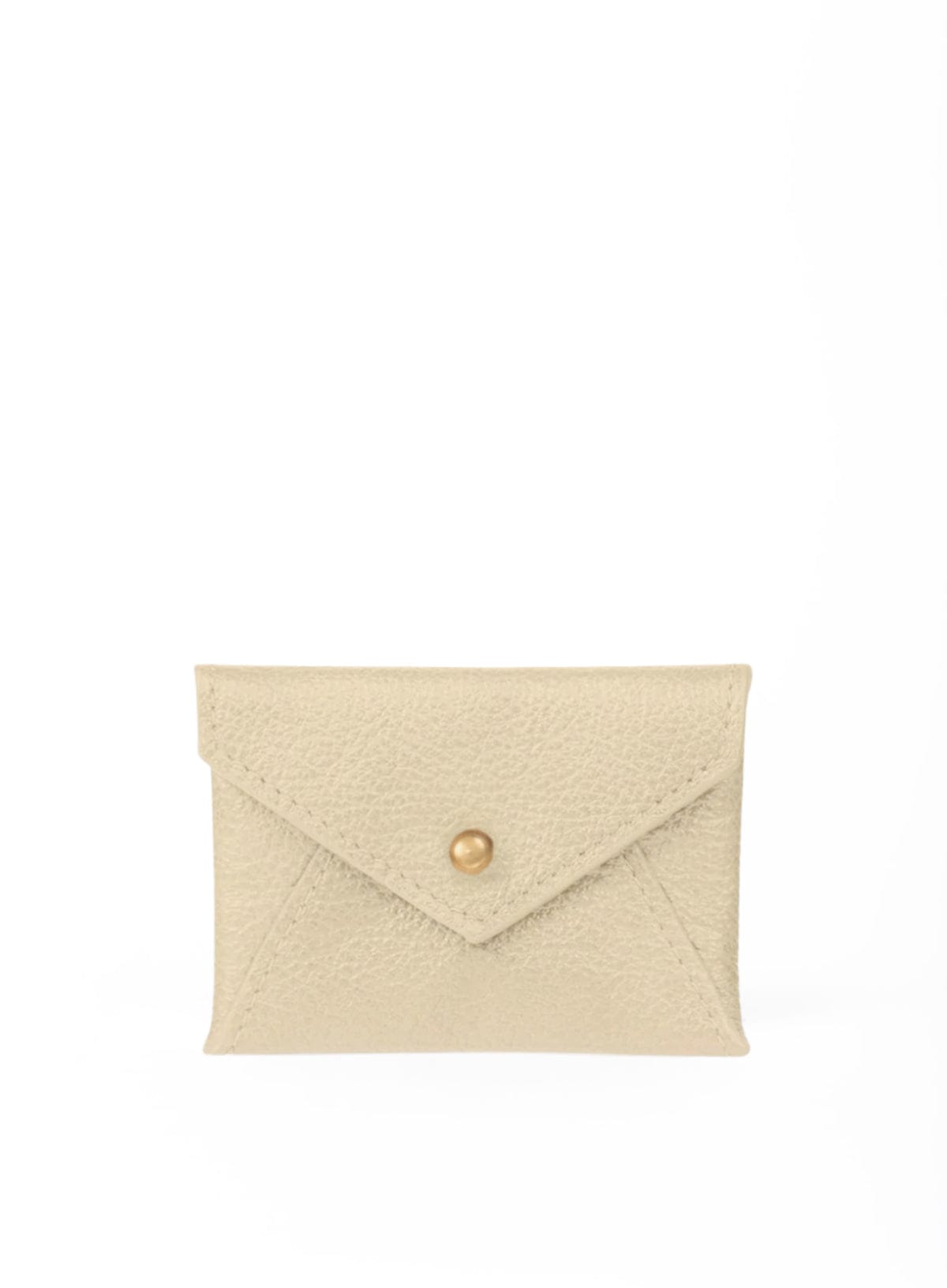 Beige coin clutch with a gold button closure on a white background