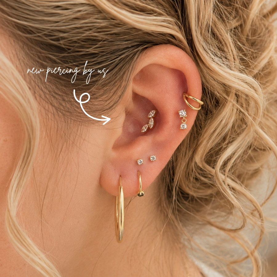 Oval CZ Leaves Branch Threadless Labret Titanium PVD Gold Flat Back Earring