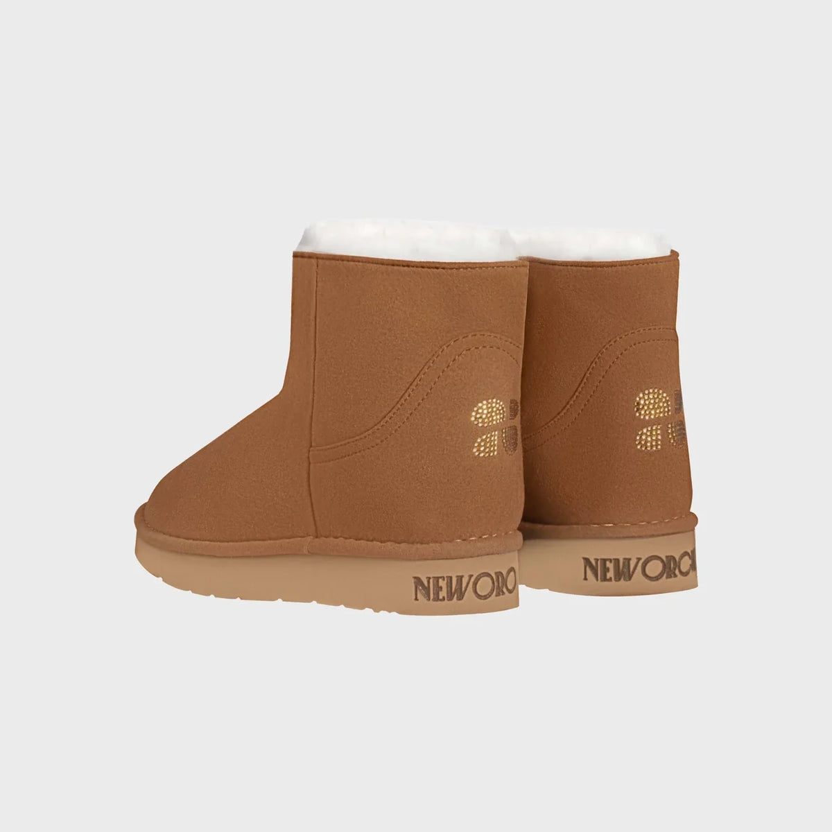 Cruelty-free caramel ankle boots with crystal embellishment