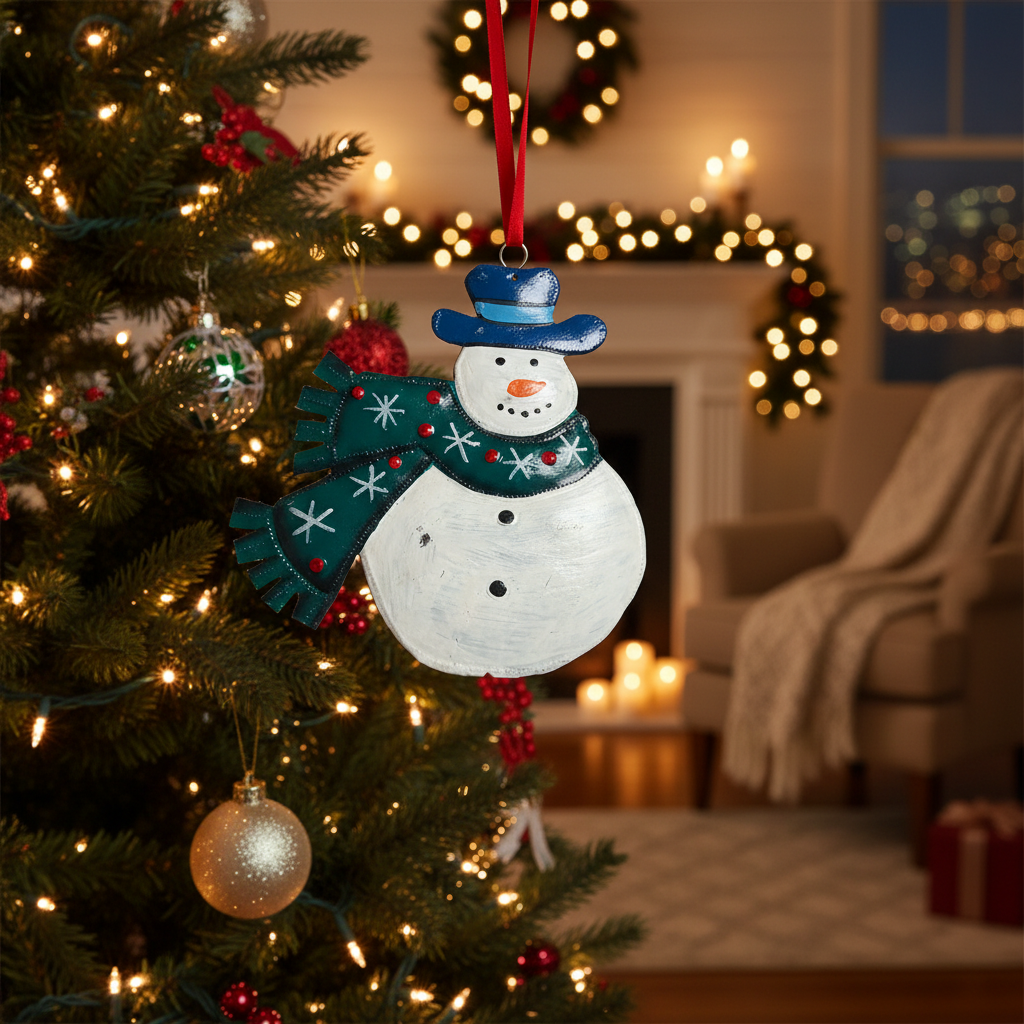Painted Snowman & Scarf Ornament