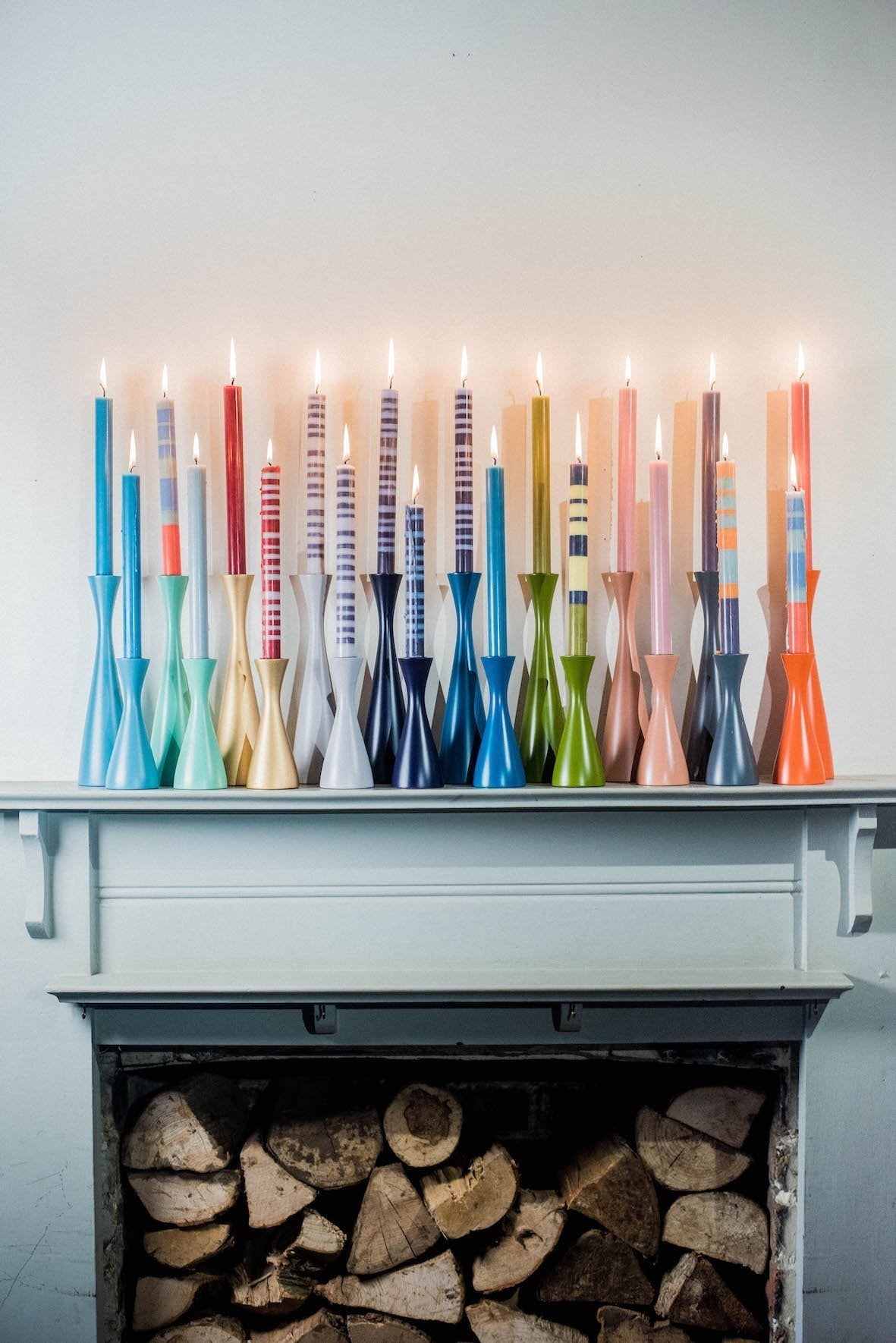 S/4 ABSTRACT Striped Olive, Indigo & Jasmine Dinner Candles