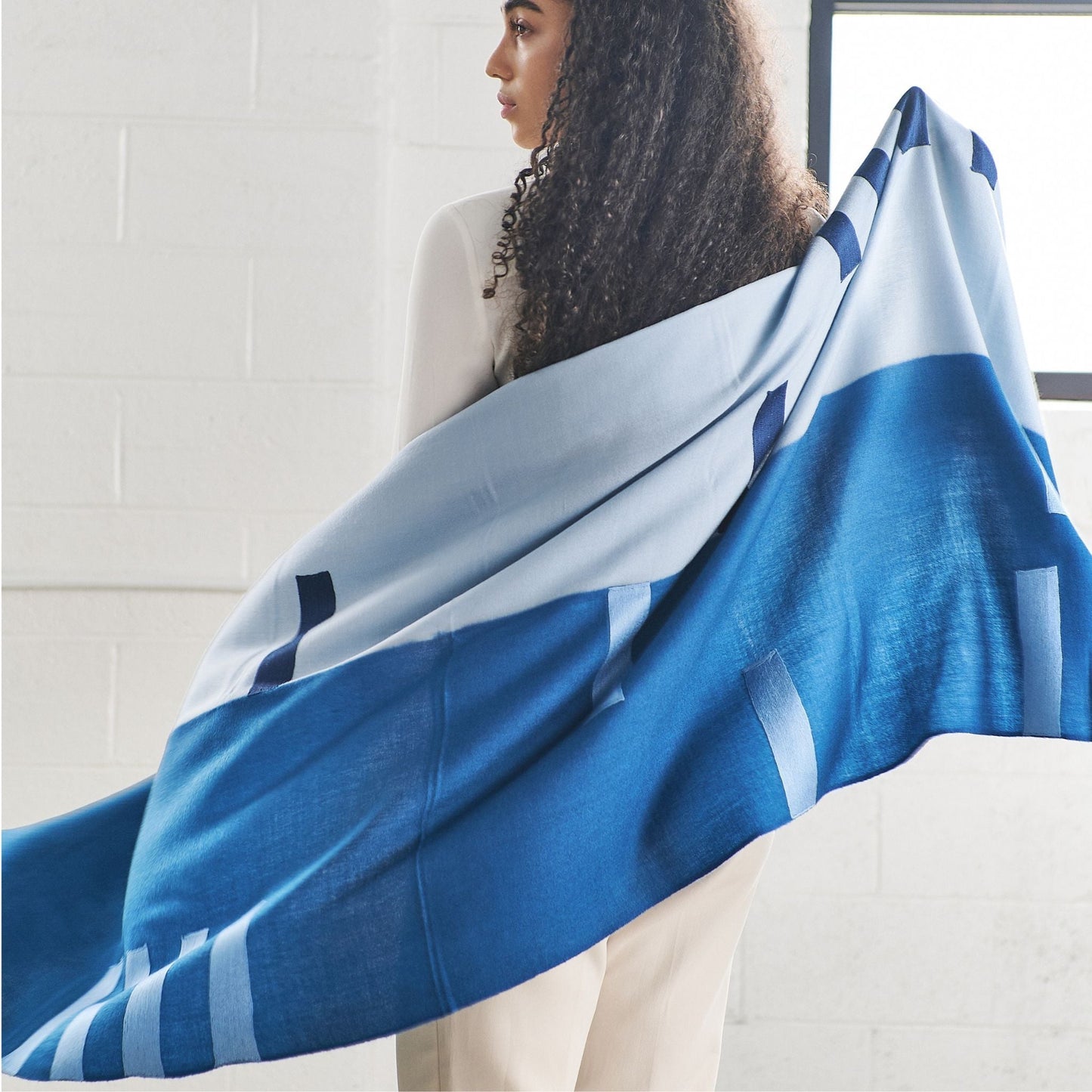 Harbor Blue Hand Embroidered Modern Artisanal Scarf