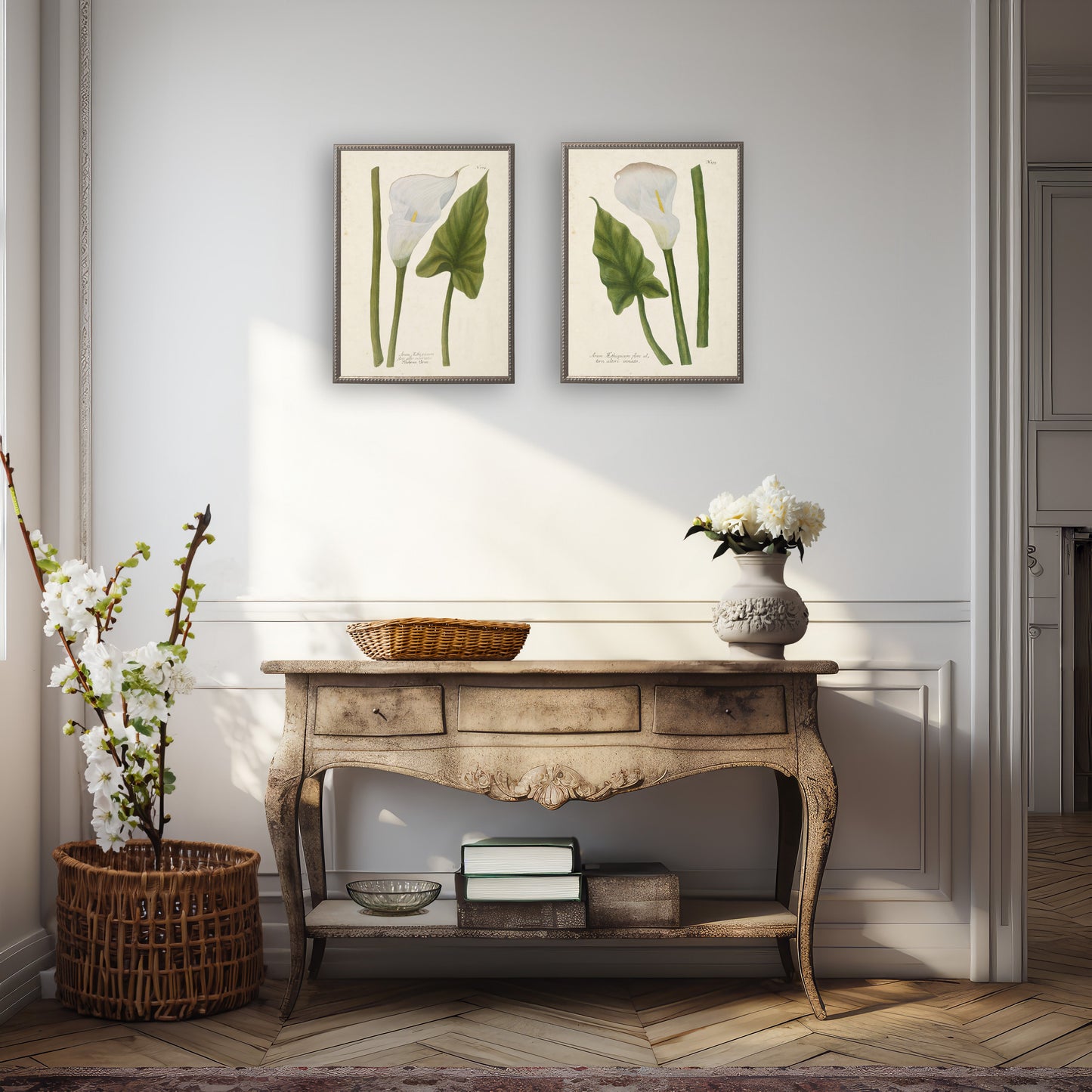 White Flower, Leaf, and Stem in Silver-Beaded Frame