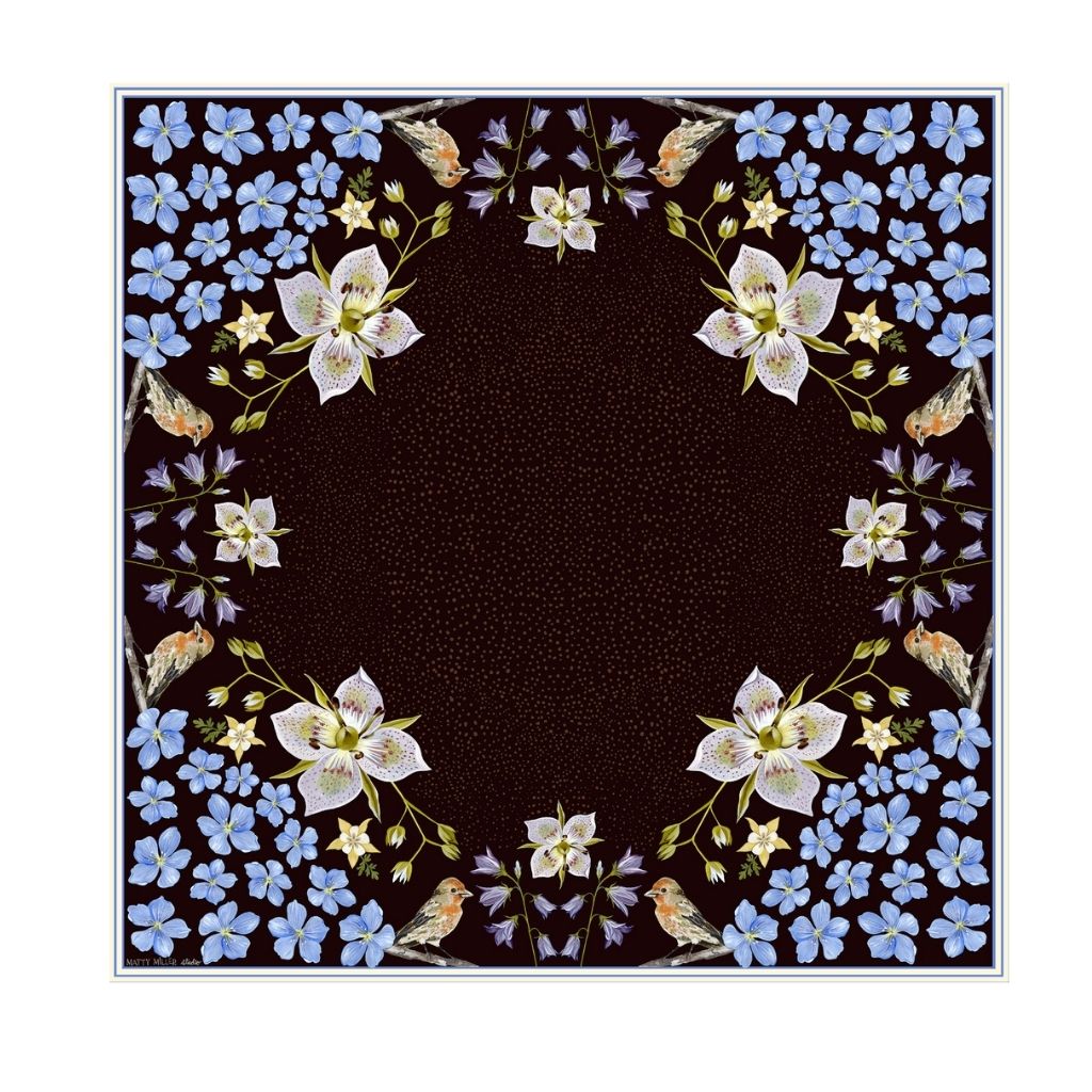 100% Silk Scarf: Black Gentian - Floral Bird Design