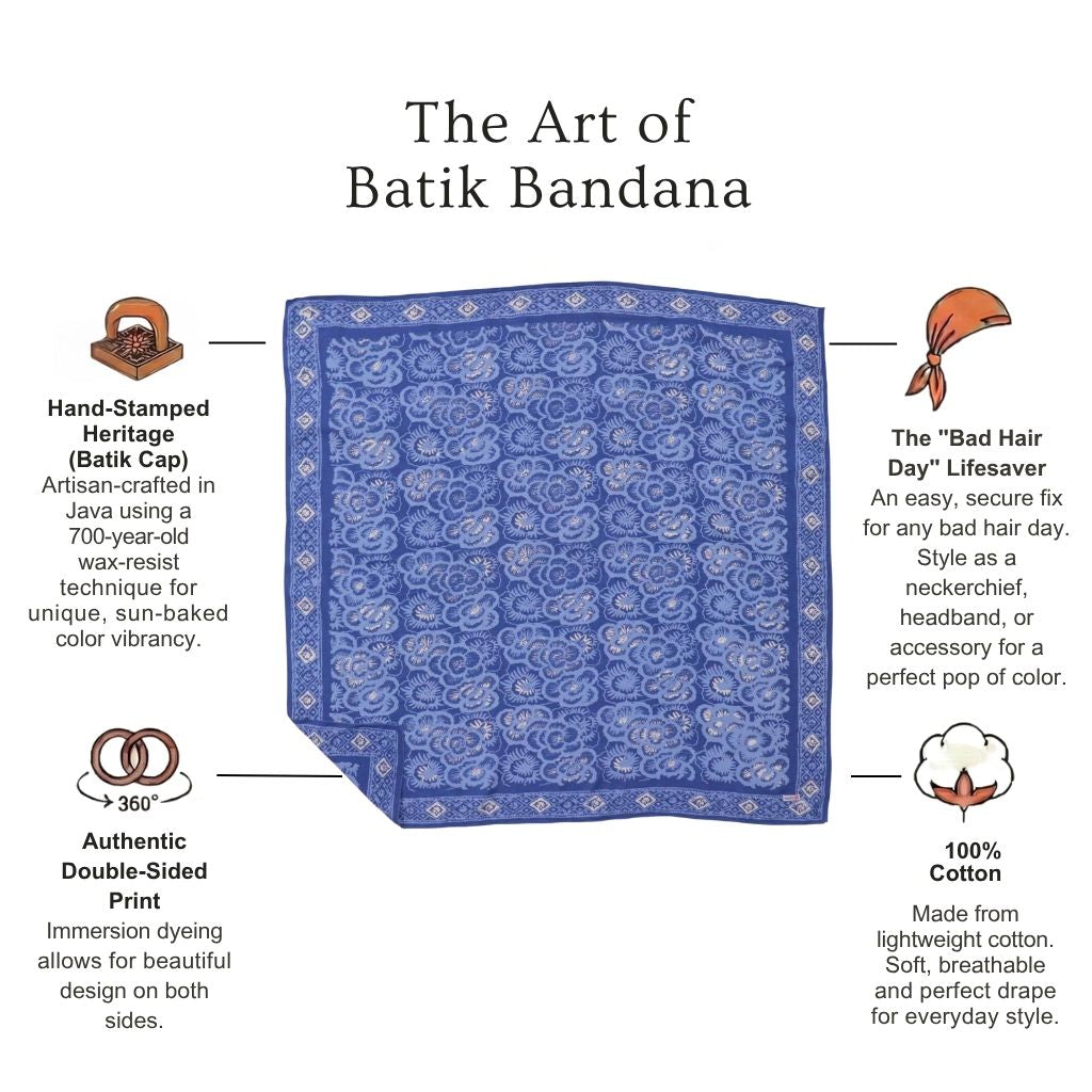 Large 39" Batik Bandana, Hand Dyed, 100% Soft Cotton, Oversized Large Head Scarf for Hair, Blue Roses