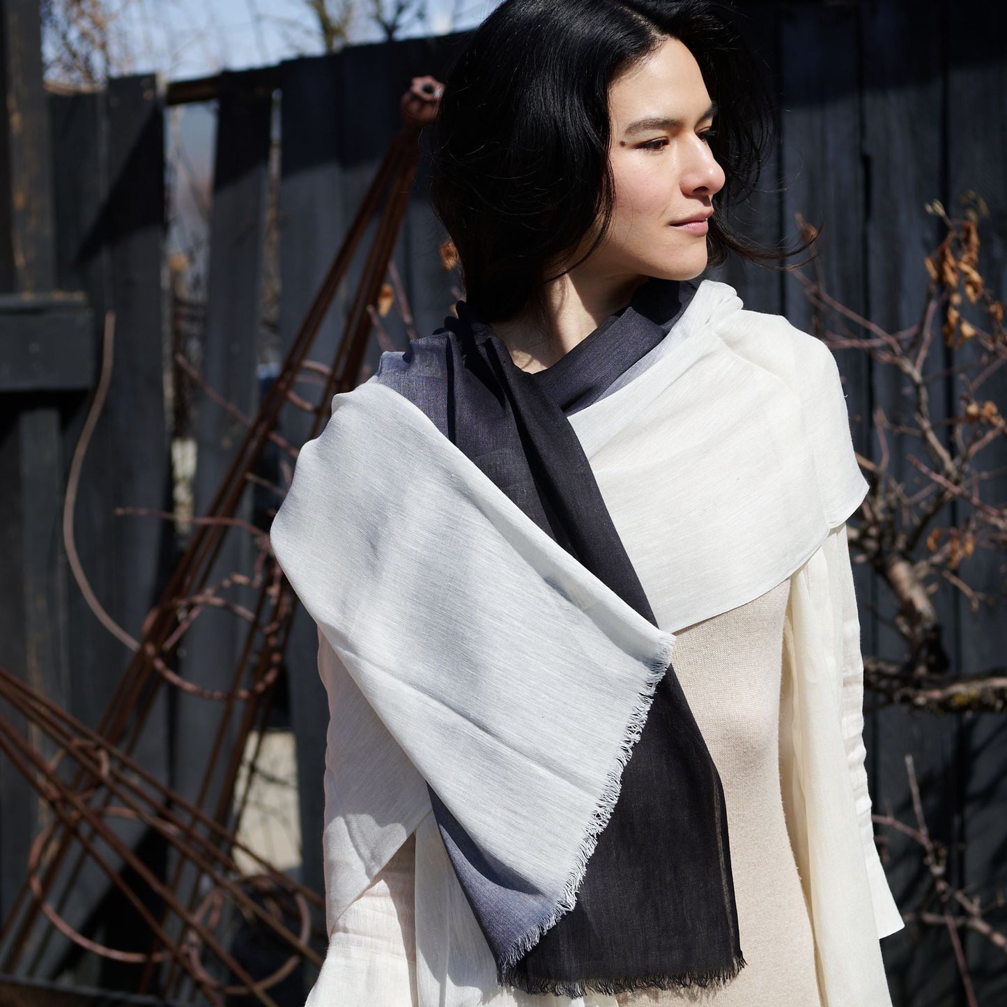 Granite Black White Ombre Linen Silk Handloom Scarf
