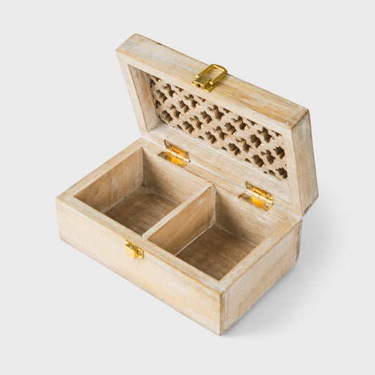 Mango Wood Trellis Keepsake Box with Compartments, Whitewash