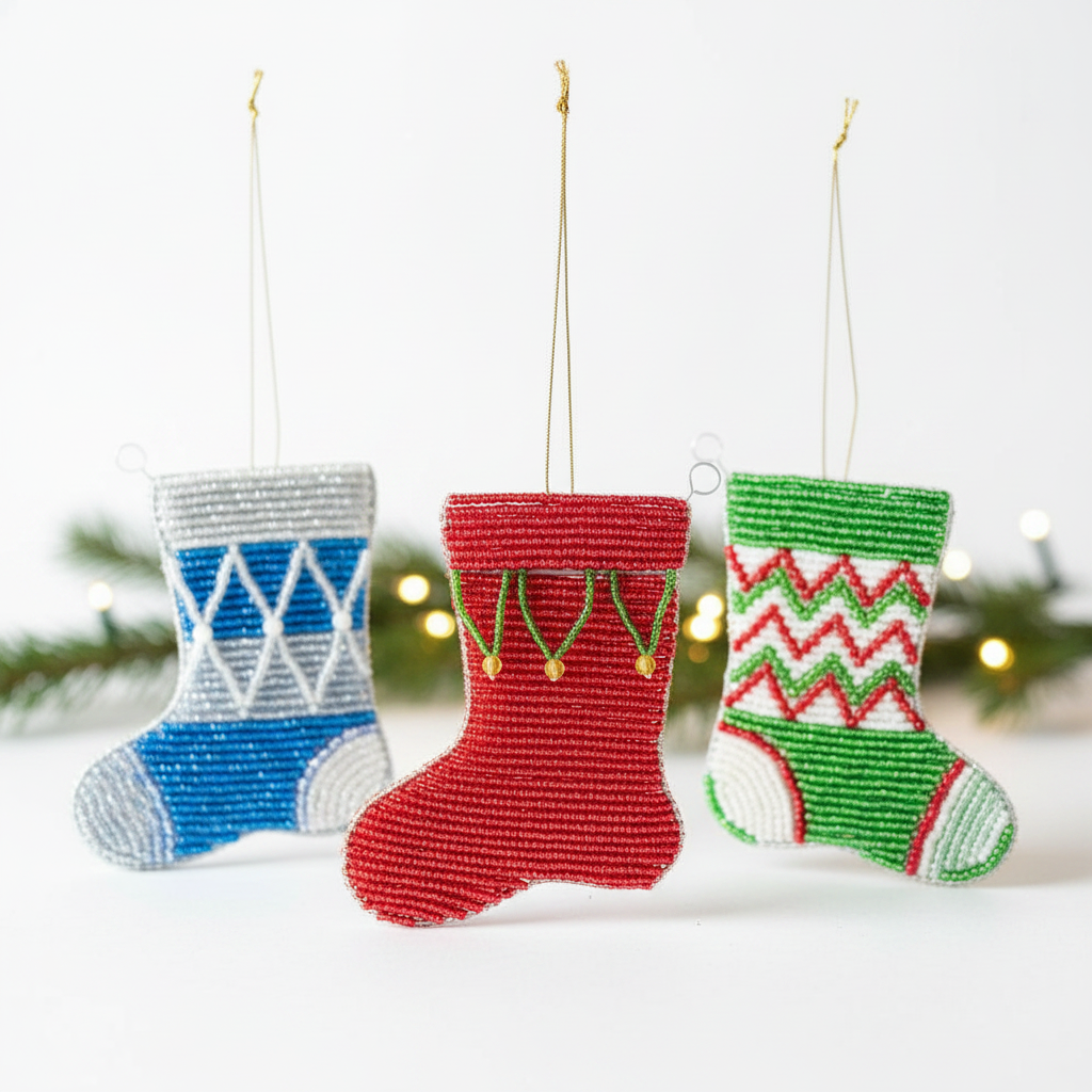 Handmade Beaded Christmas Stocking Ornament – Haitian Artisan Holiday Décor. (Set of 3)