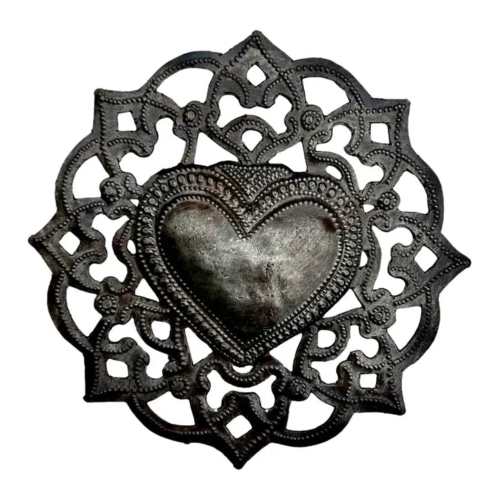 Haitian Metal Sacred Heart Wall Art 5x5 Hand Chiseled 