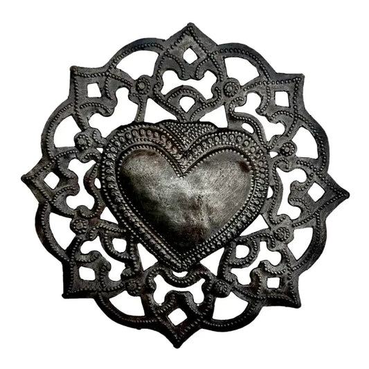 Haitian Metal Sacred Heart Wall Art 5x5 Hand Chiseled 