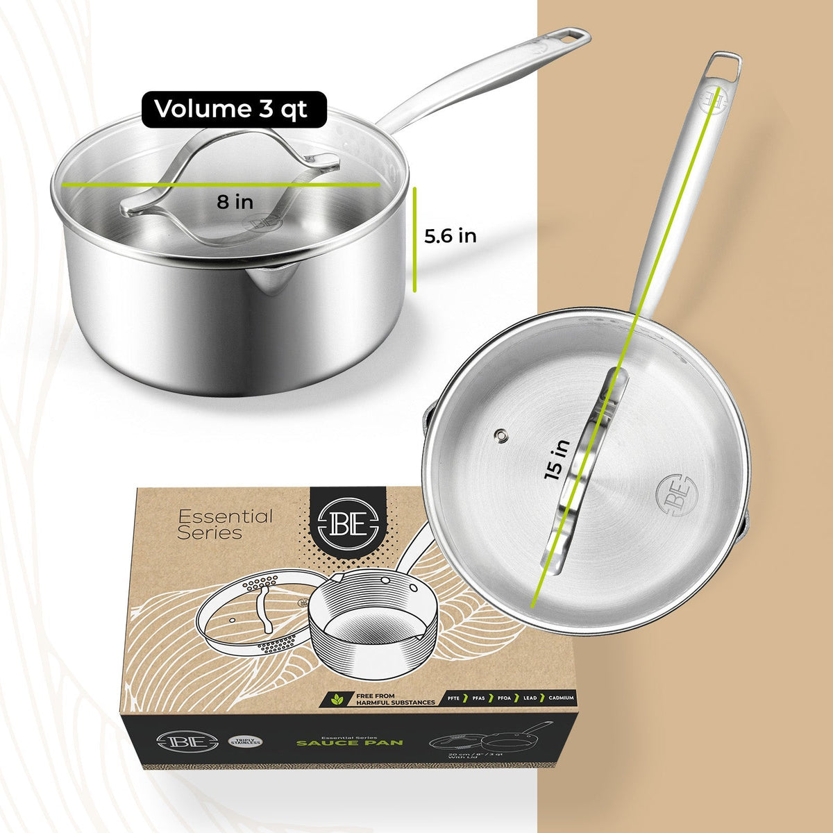 BE | LIVING Essential Series Sauce Pan with Lid 20 cm (Triply stainless steel)