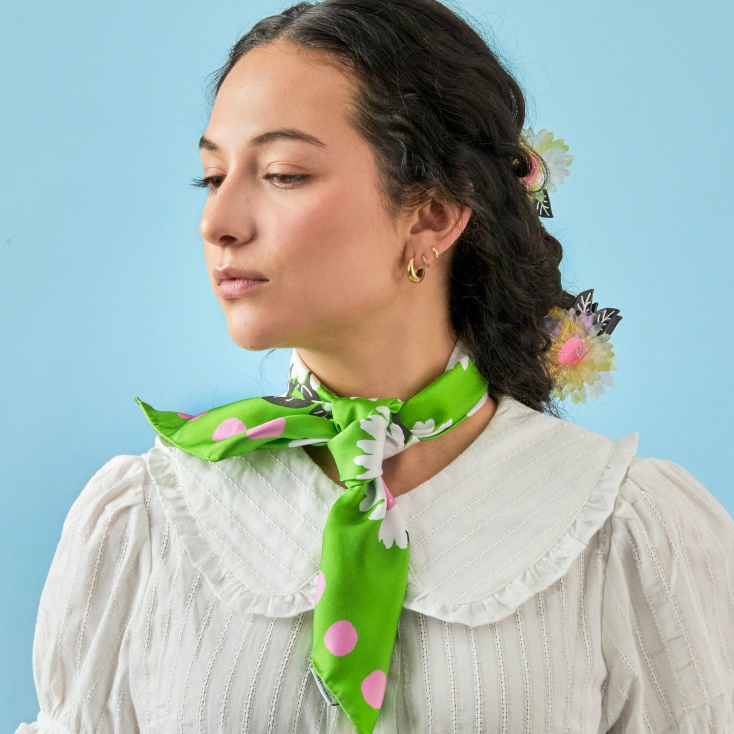 White Flower Silk Medium Square Scarf