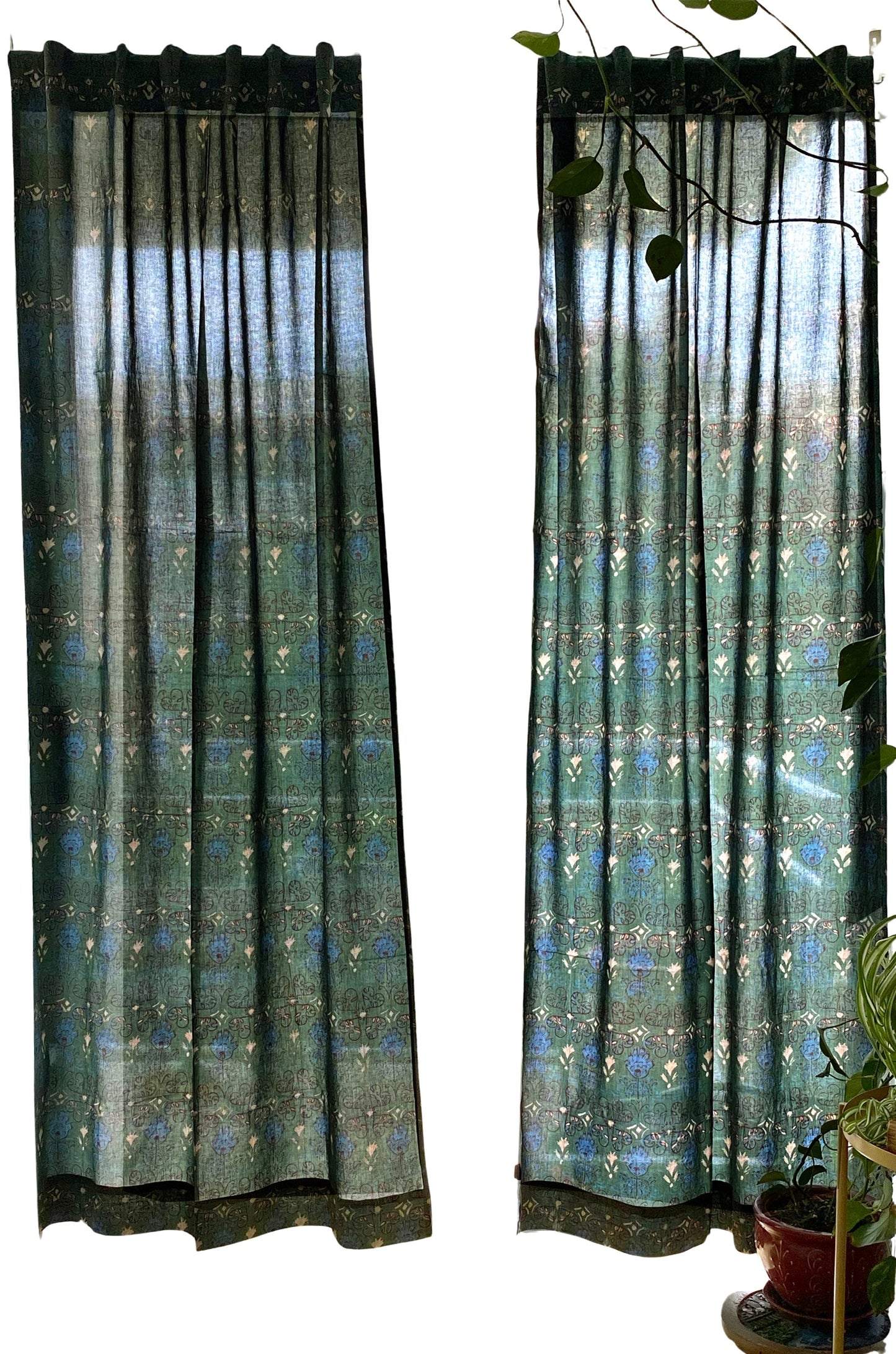 Curtain Panel, Boho Block Print Cotton Drape - Meadow Green
