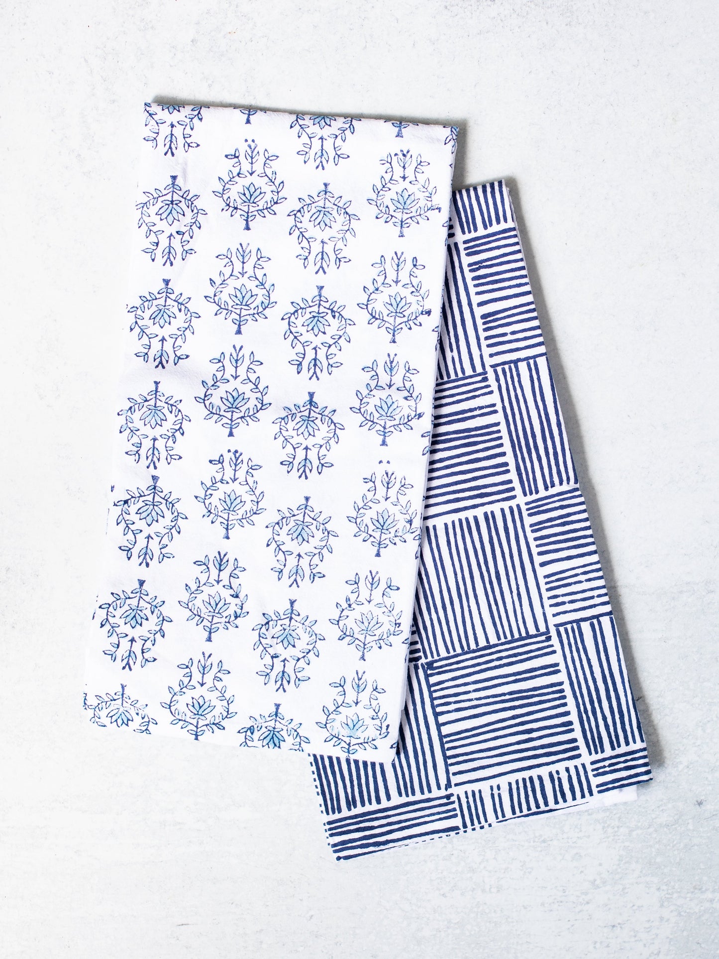 S/2 Tea Towel Set - Lotus & Stripe, Navy
