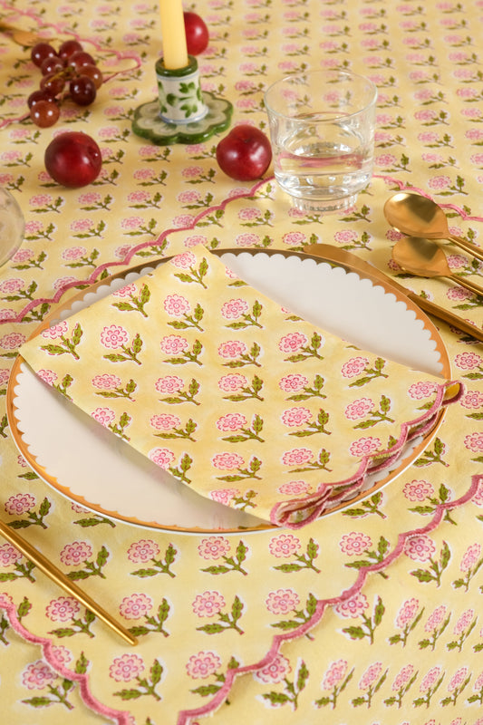 Mona Scallop Embroidered Blockprint Placemat in Butter Yellow