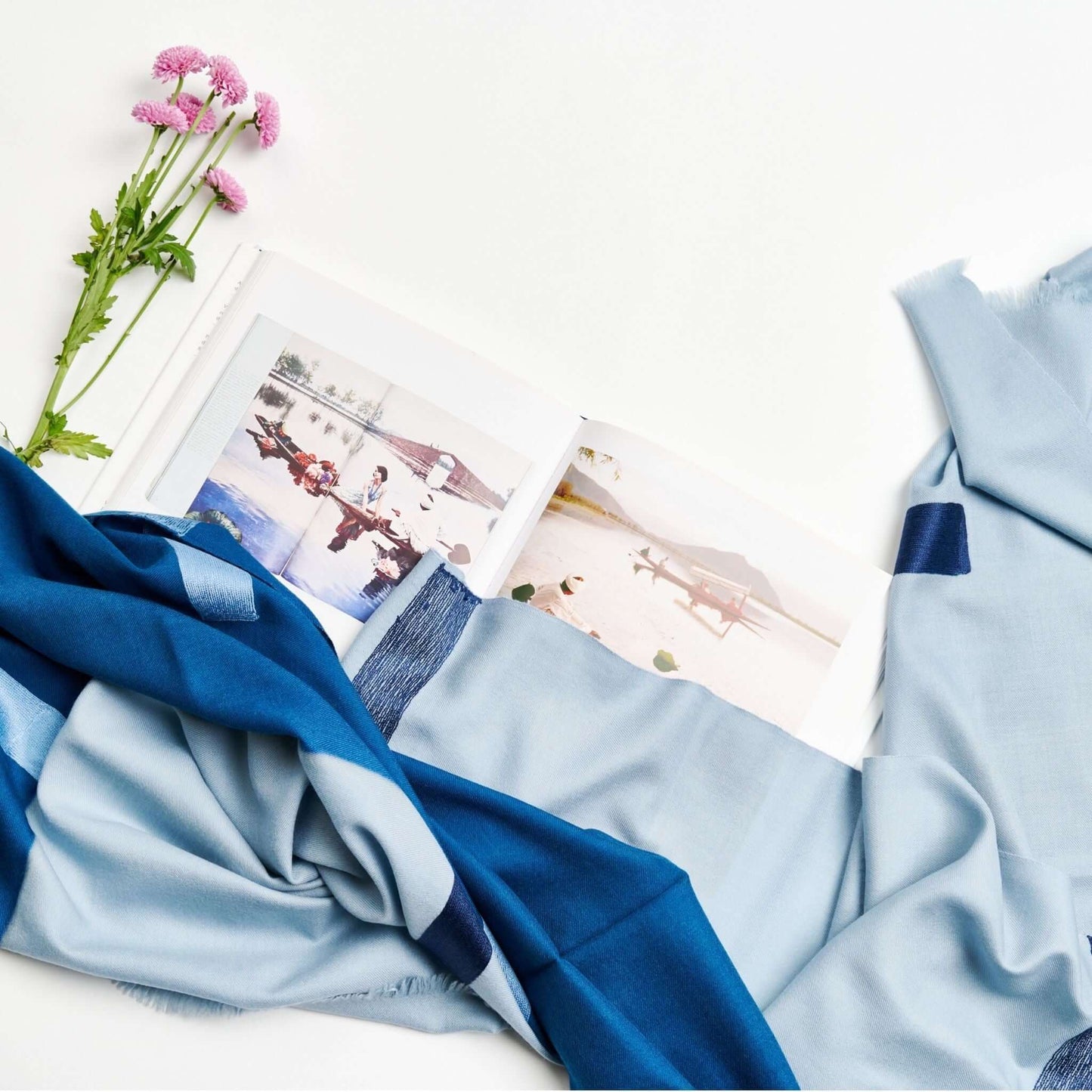 Harbor Blue Hand Embroidered Modern Artisanal Scarf