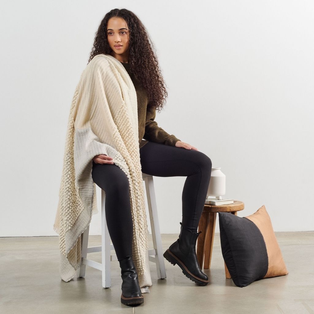 Butterscotch White Handloom Textured Plush Merino Throw
