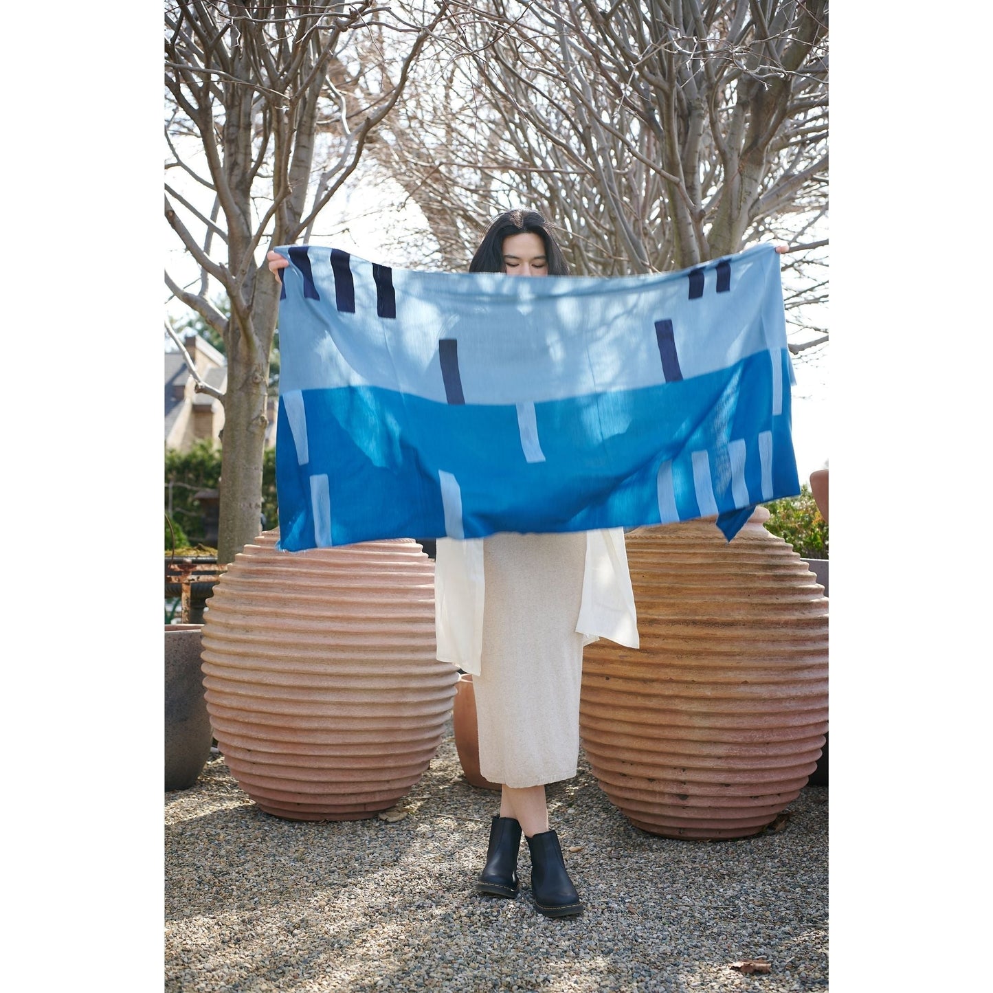 Harbor Blue Hand Embroidered Modern Artisanal Scarf