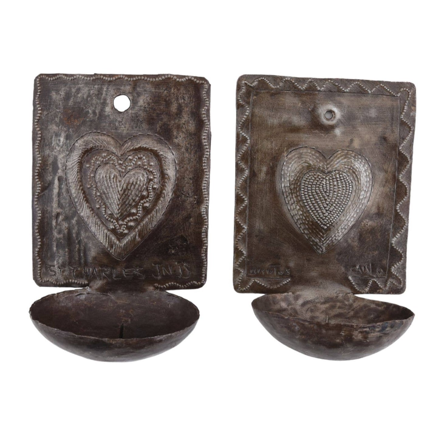 Pair Handmade Haitian Metal Heart Candle Holders Primitive