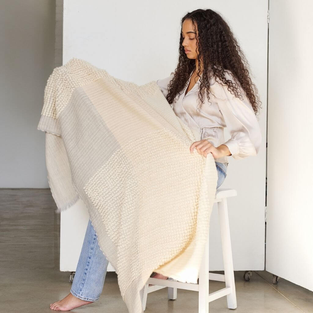 Butterscotch White Handloom Textured Plush Merino Throw
