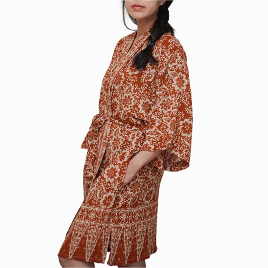 Handmade Batik Robe Kimono, 100% Cotton Soft Lightweight, Orange, Fall, Autumn, Yellow, Sunflowers