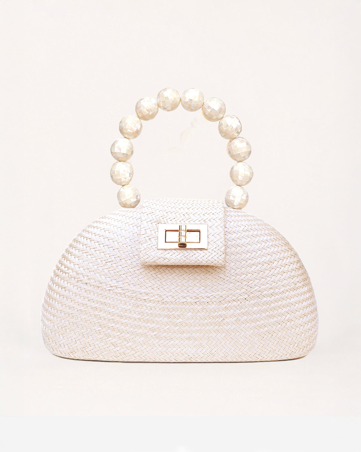 THE ORLA Cream Woven Straw & Shell Pearl Bead Statement Clutch Bag