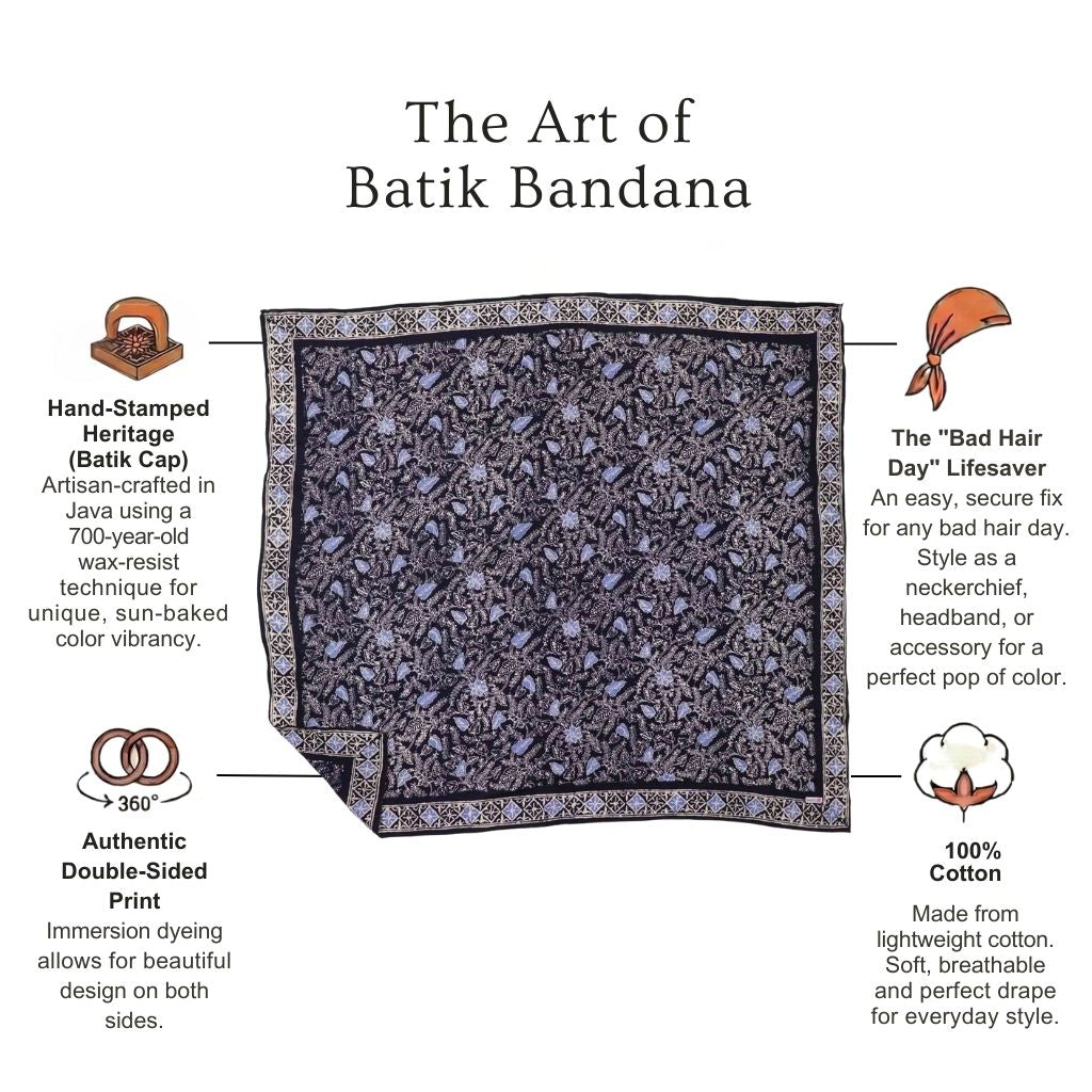 Large 39" Wild Rag Batik Bandana Blue Navy Foliage, 100% Soft Cotton, Hand Dyed Hair Cover Scarf