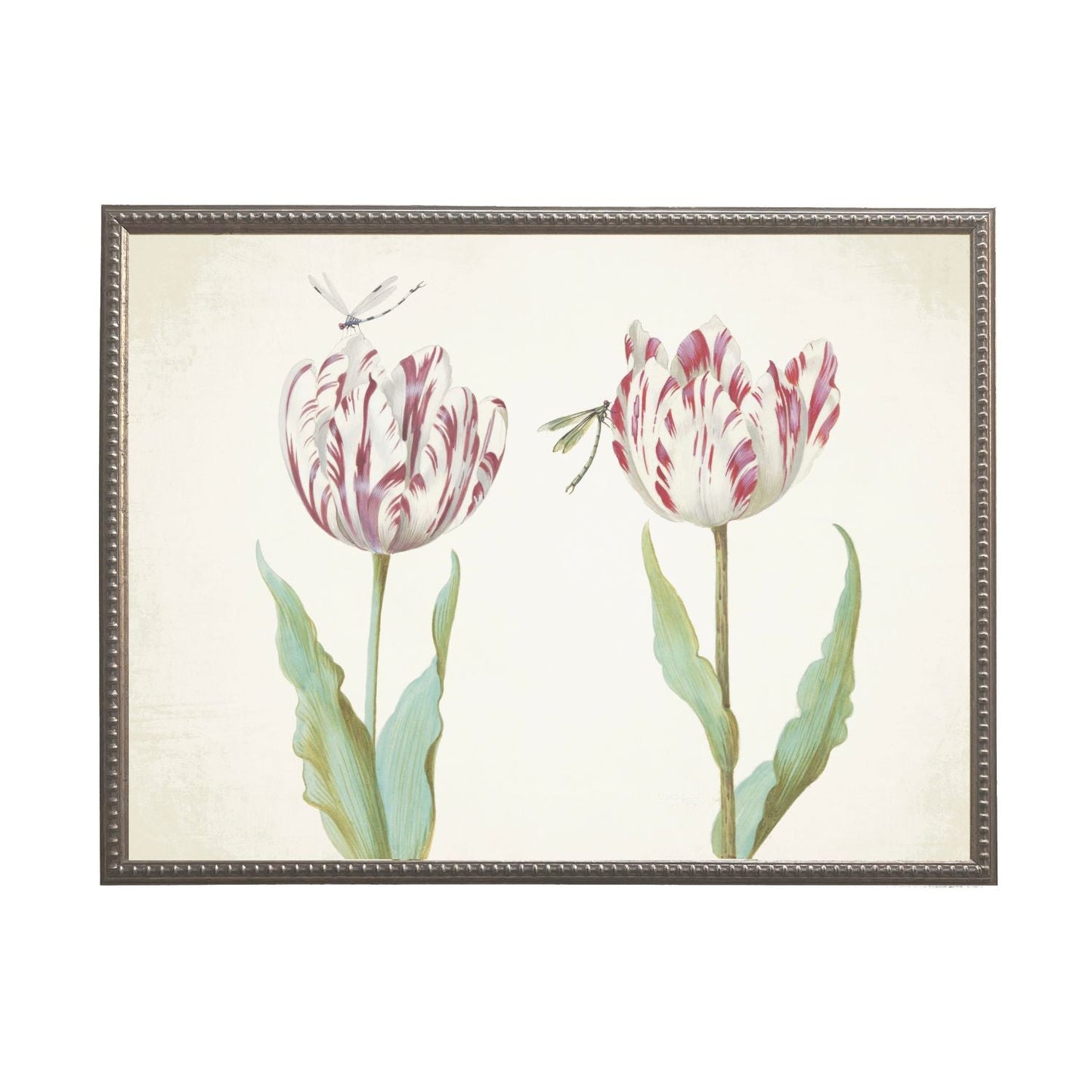 Pink Flowers with Two Dragonflies in Silver-Beaded Frame