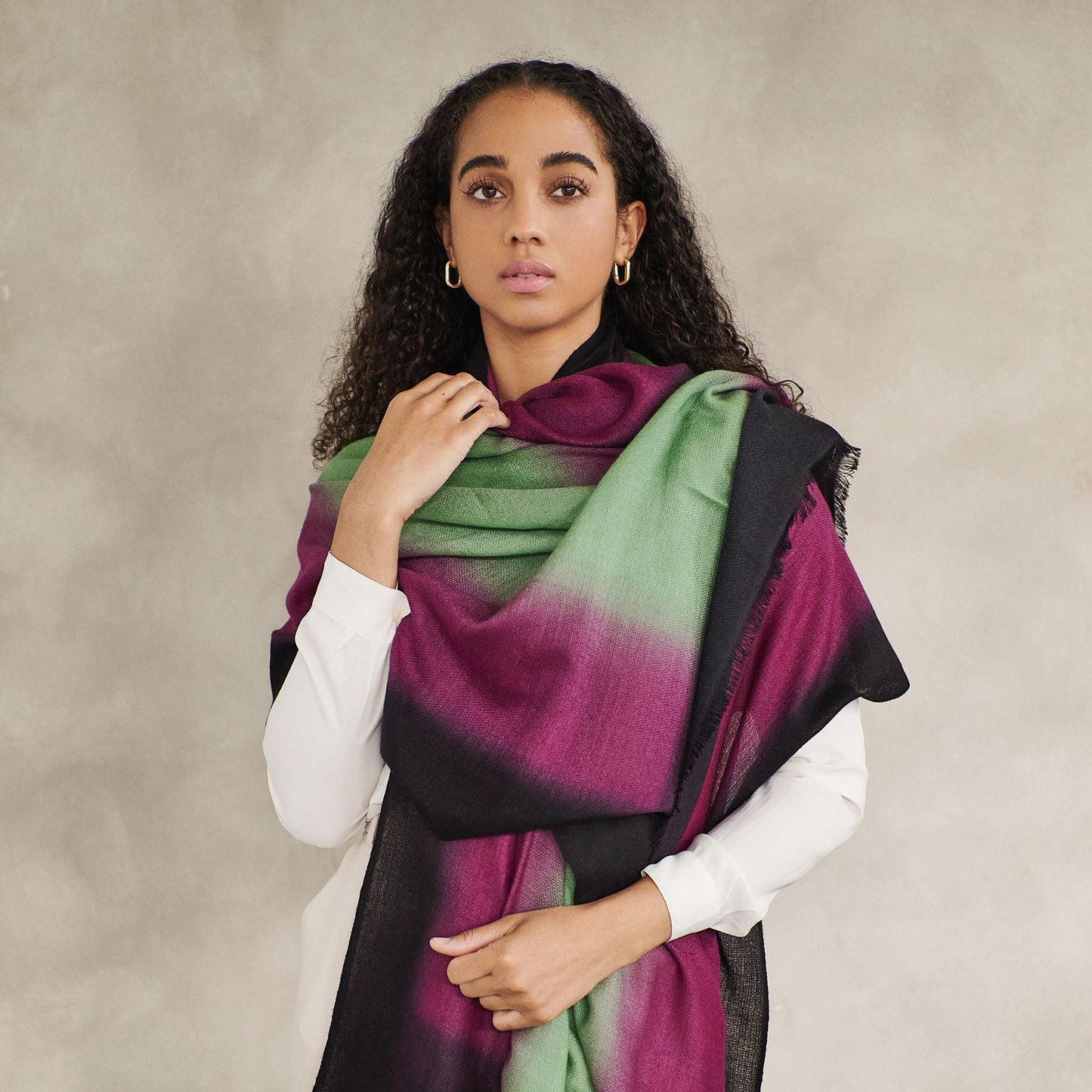 Iris Courtyard Green Purple Hand Woven Cashmere Merino Scarf