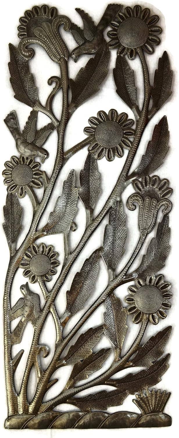 Birds & Garden Flowers Haitian Metal Wall Art 13.5" x 34"