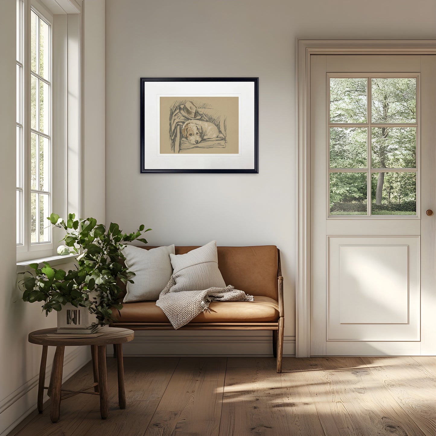 Dog with Hat Sketch Print in Black Frame