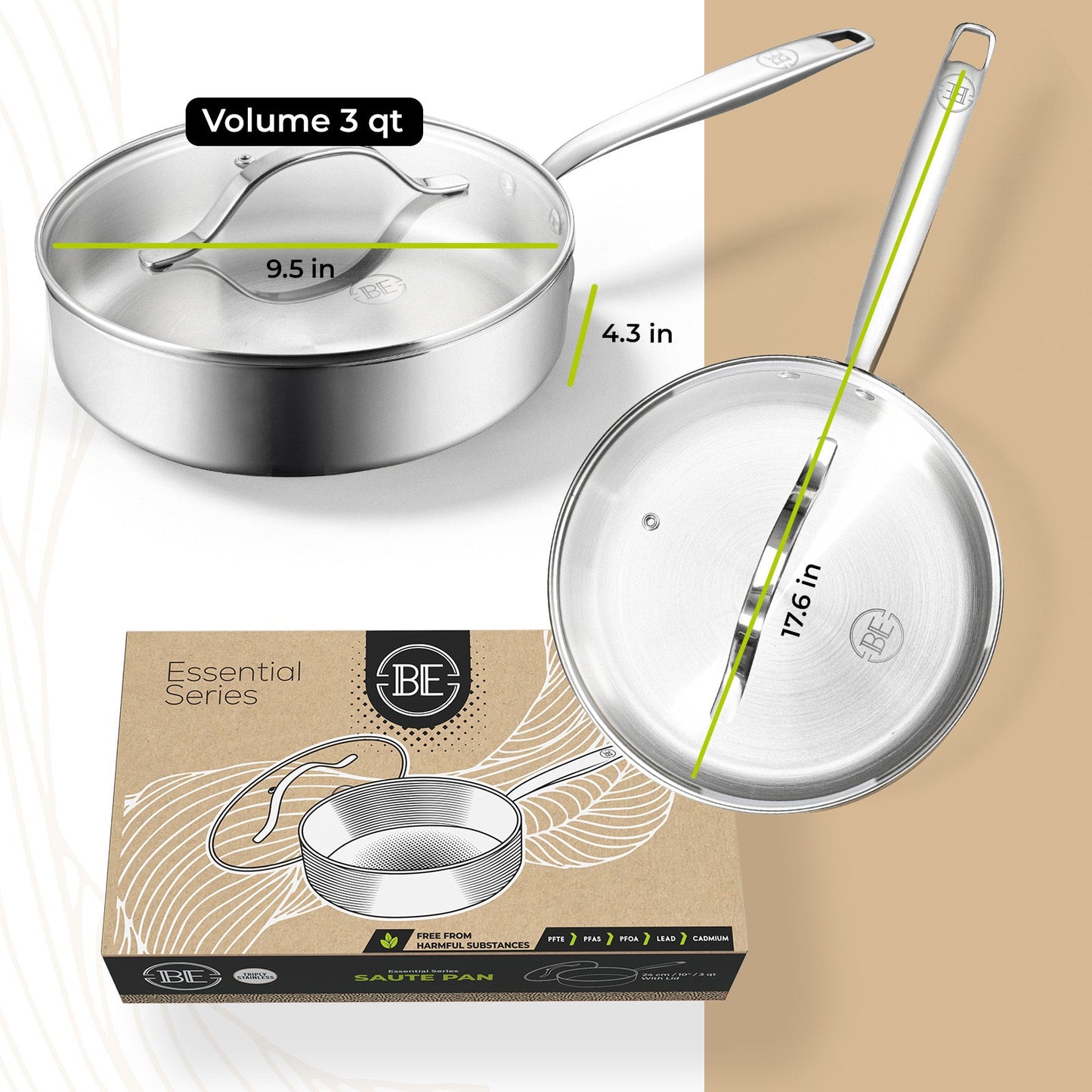 BE | LIVING - Essential Series - 3 qt  / 9.5" / 24 cm Saute Pan with lid - Triply Stainless Steel