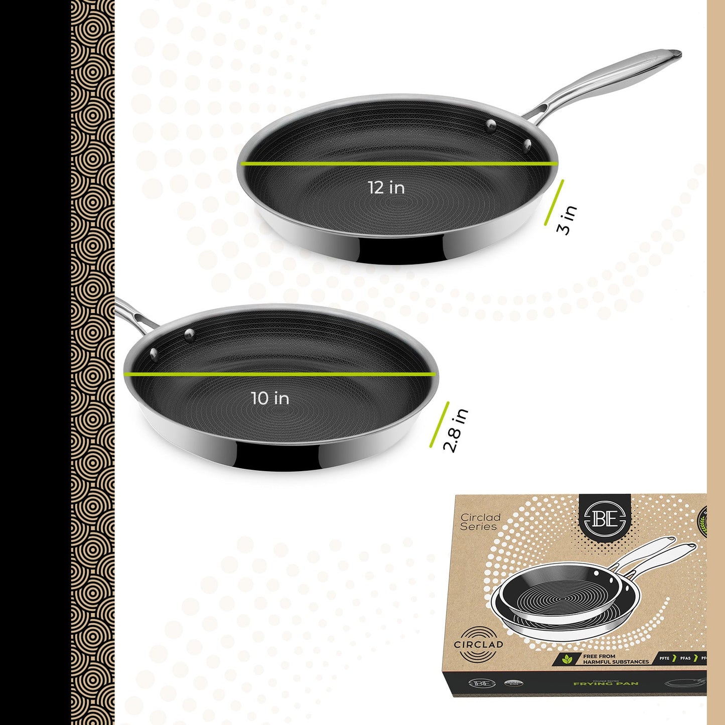 BE | LIVING - Circlad Series - 2 pcs Frying Pan Set 10"+12" / 26+30 cm - Triply Stainless Steel Circlad