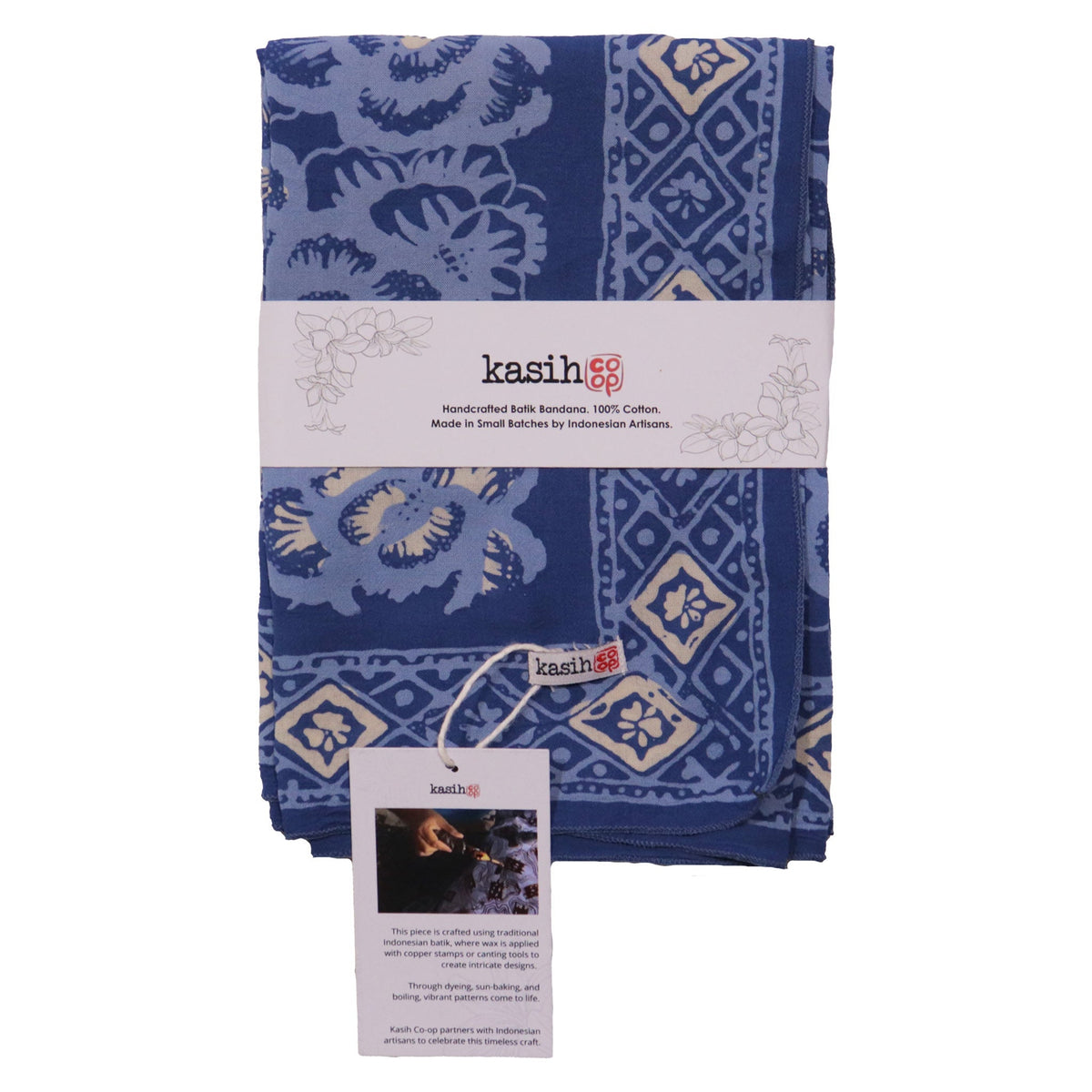 Large 39" Batik Bandana, Hand Dyed, 100% Soft Cotton, Oversized Large Head Scarf for Hair, Blue Roses