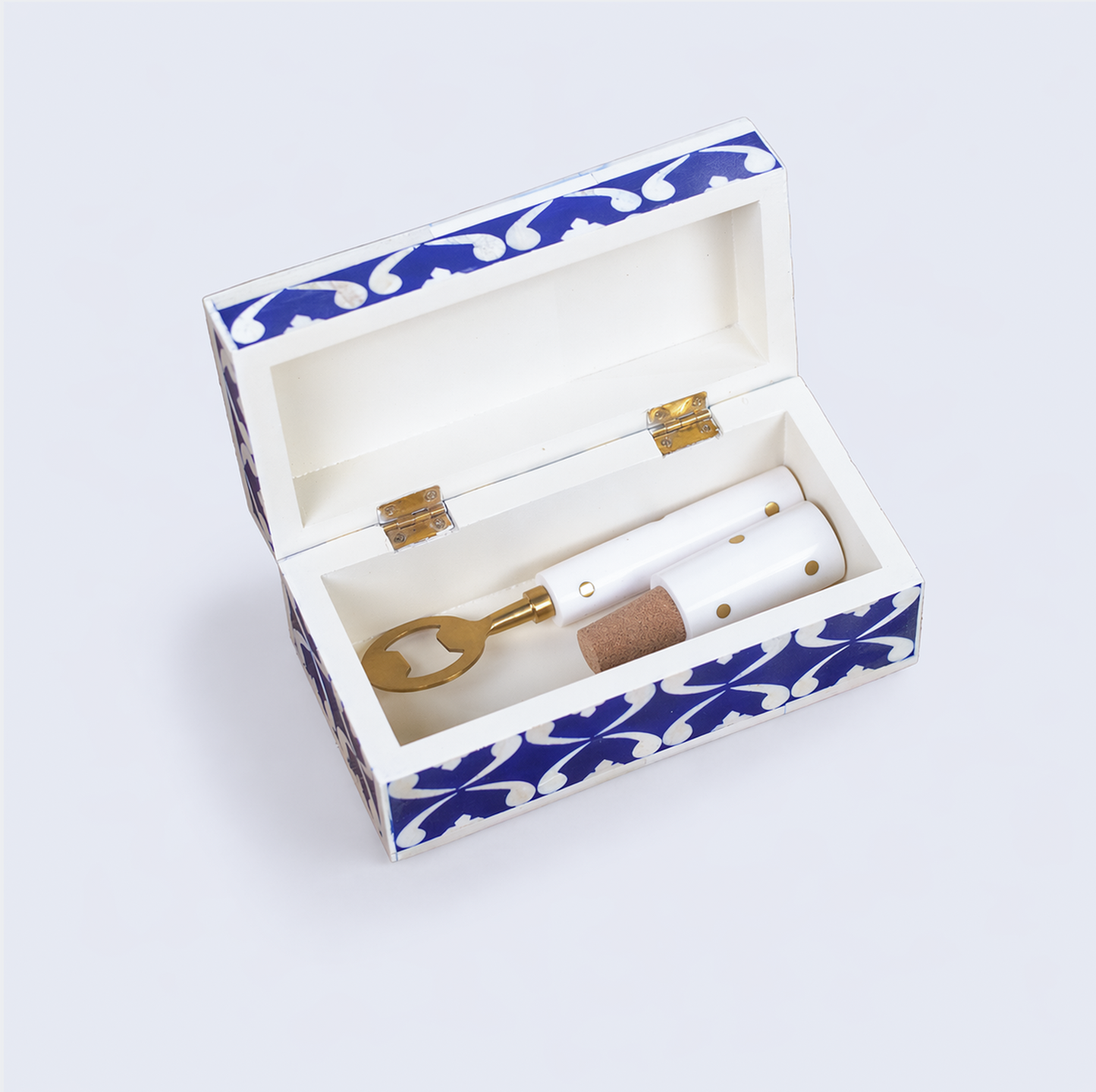 S/2 Lattice Bar Accessories Gift Set, Wooden Box with Bottle Opener & Stopper