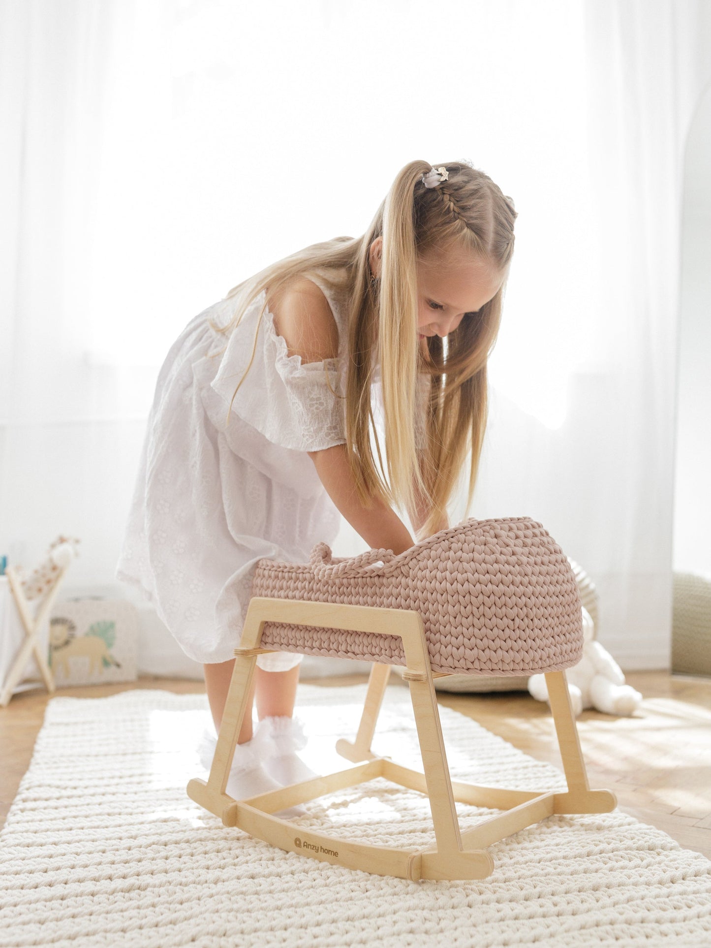 Doll Moses Basket w/Rocking Stand
