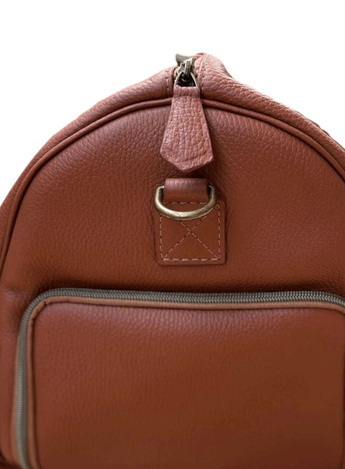 Close-up of a brown leather bag with a gold zipper.