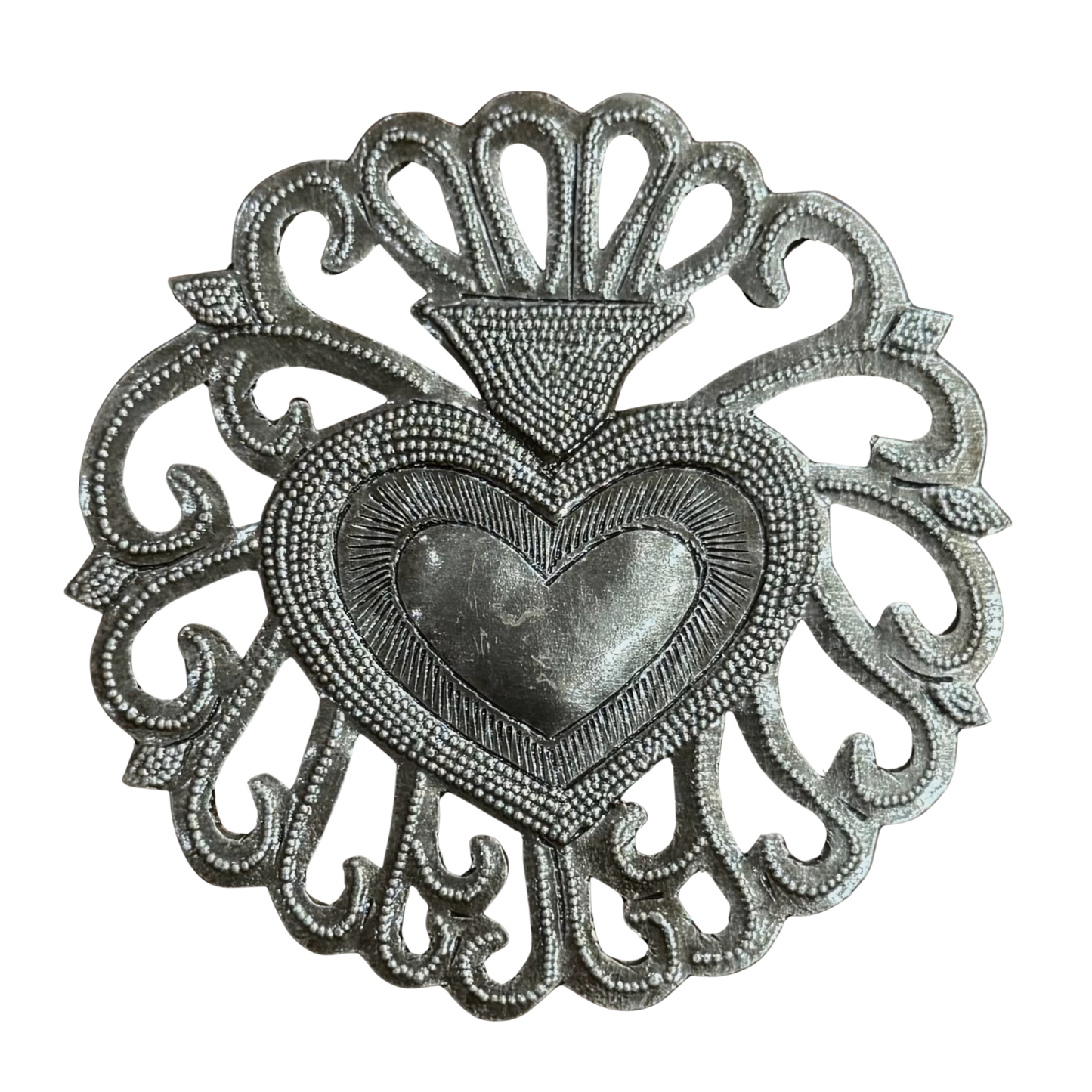 Handmade Floral Sacred Heart Wall Decor 4" Haiti Metal Art