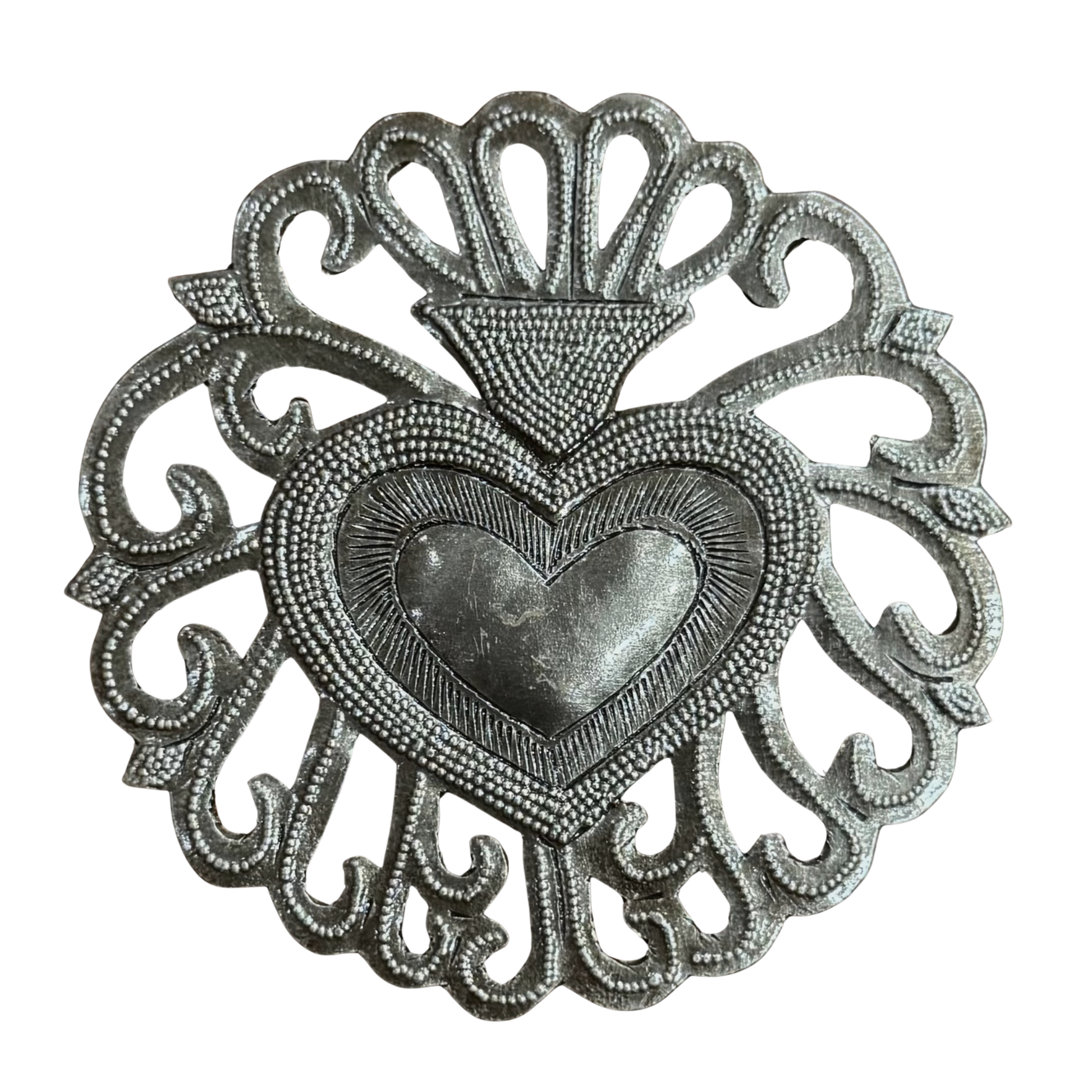 Handmade Floral Sacred Heart Wall Decor 4" Haiti Metal Art