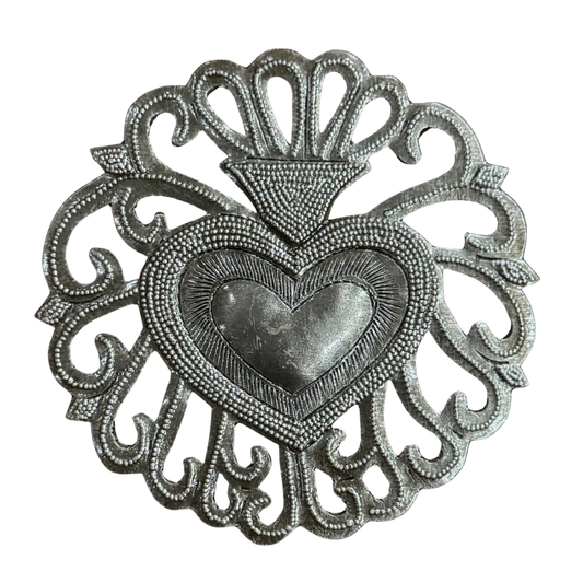 Handmade Floral Sacred Heart Wall Decor 4" Haiti Metal Art