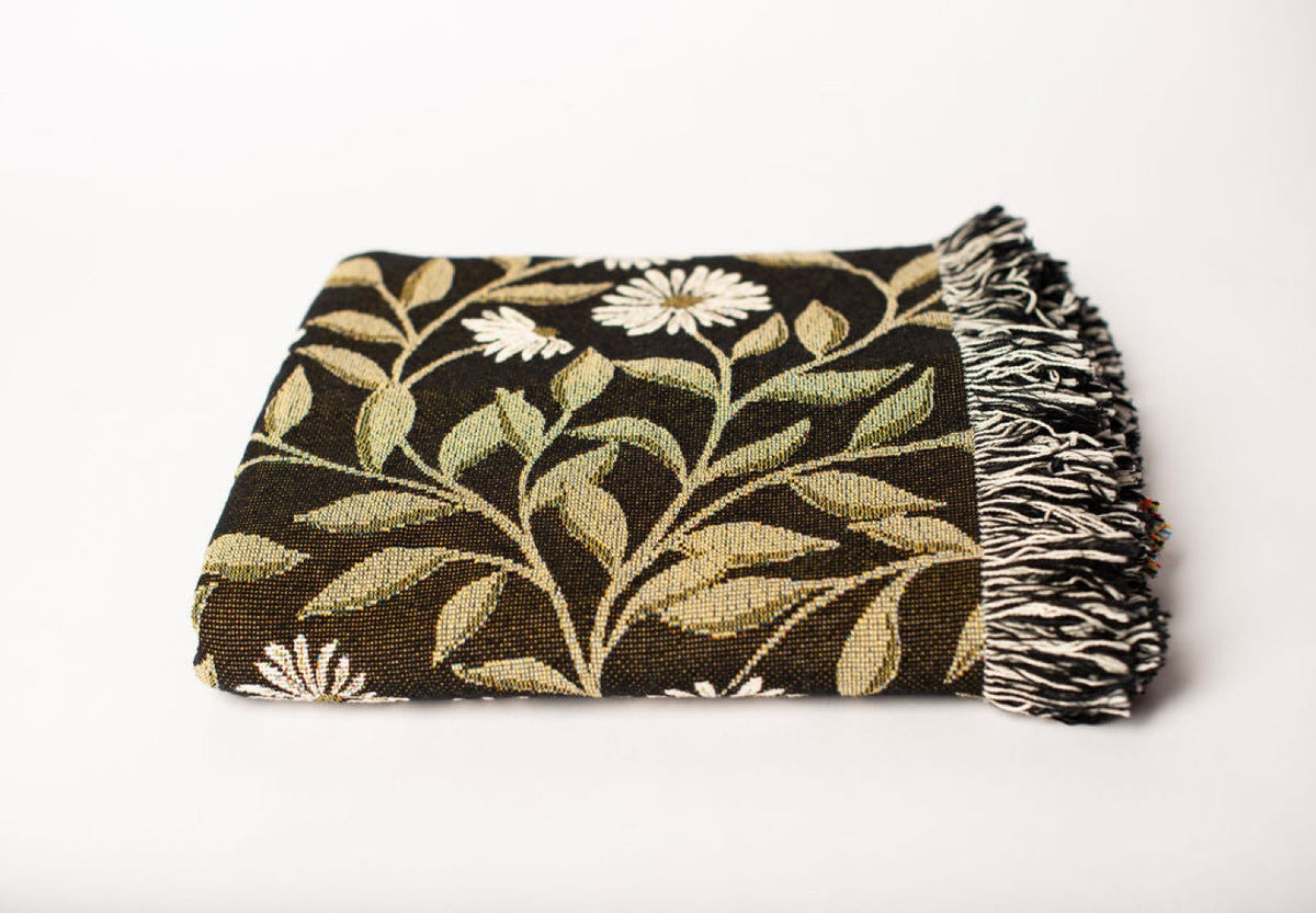 Black and Gold Floral Botanical Jacquard Woven Throw