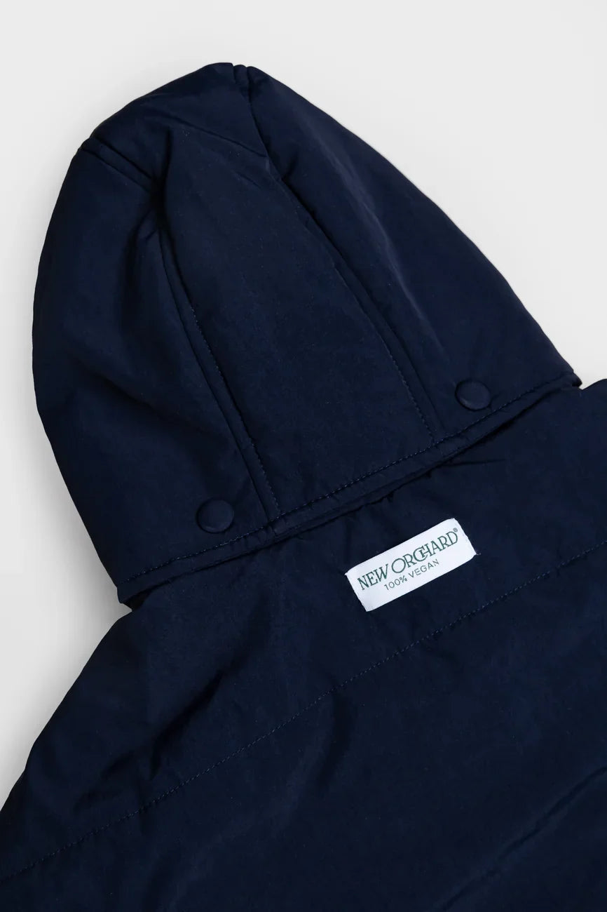 Navy blue dog hoodie made from vegan recycled materials with attached hood and button details. - The New Orchard - Navy Blue / 2XS