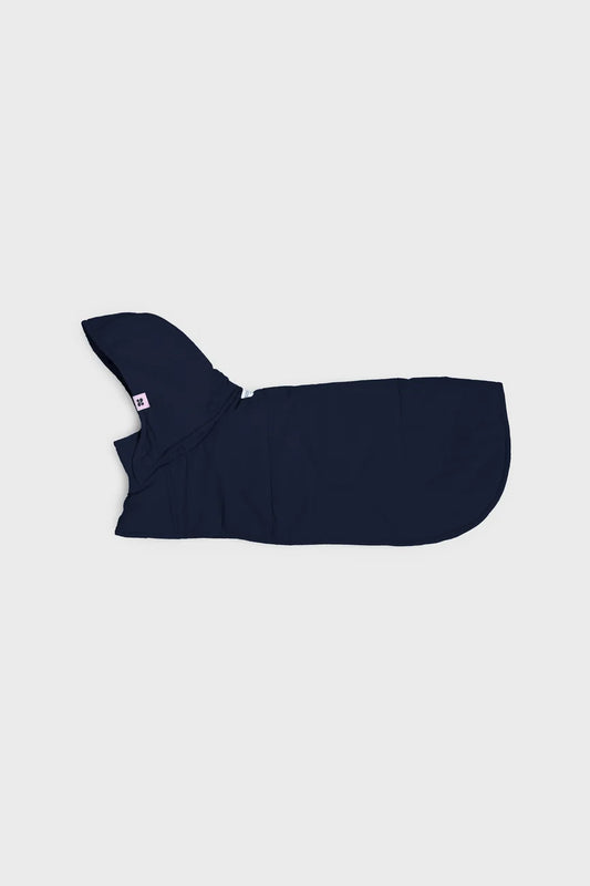 Navy blue dog hoodie with hood, made from vegan recycled materials, simple slim fit design. - The New Orchard - Navy Blue / 2XS