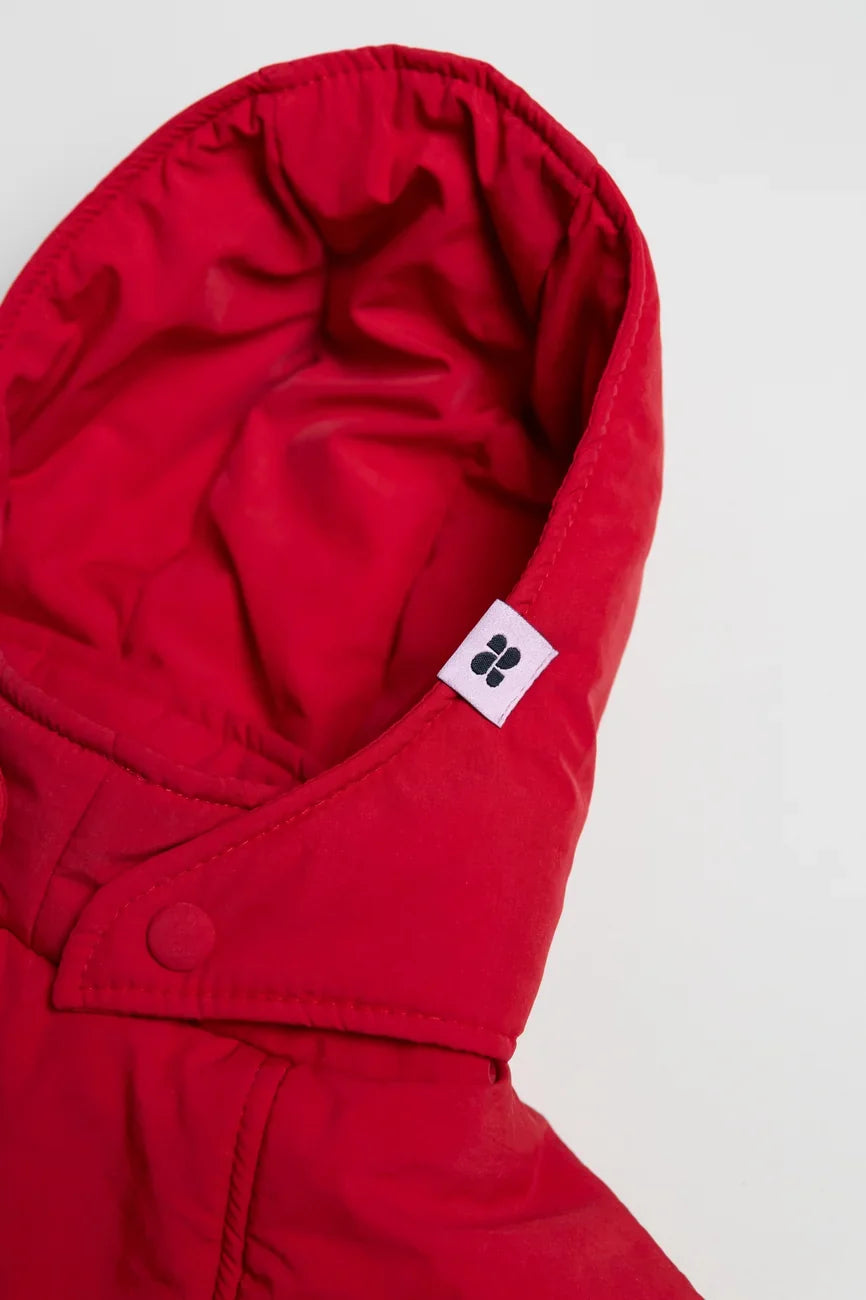 Vivid red dog hoodie hood featuring vegan, recycled material with small white logo tag. - The New Orchard - Vivid Red / 2XS