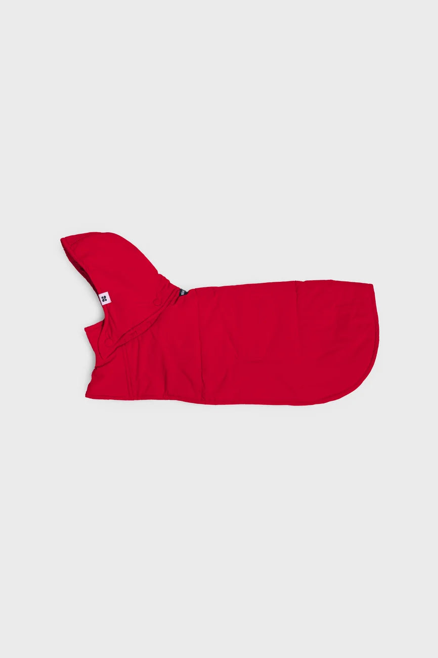 Vivid red vegan dog hoodie with hood made from recycled materials, sleek fitted design. - The New Orchard - Vivid Red / 2XS