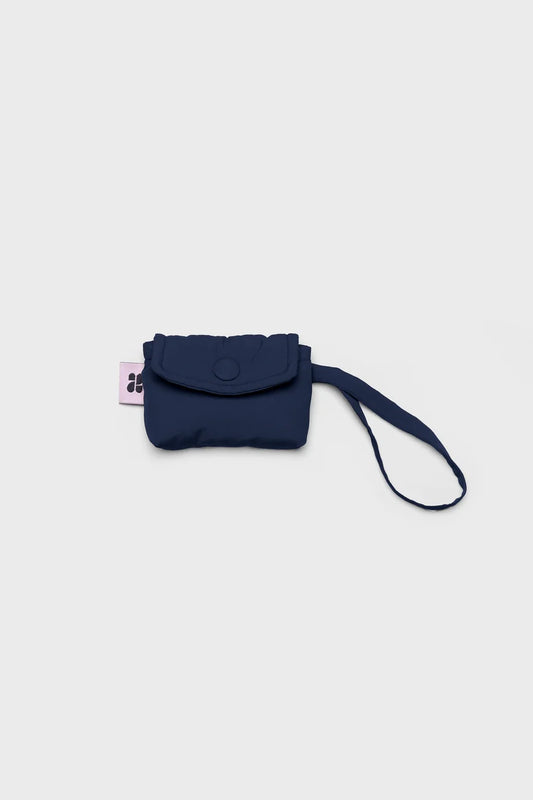 Navy blue vegan snack pouch made from recycled materials with wrist strap and flap closure. - The New Orchard - Navy Blue
