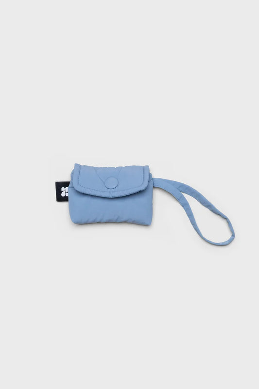 Sky blue vegan snack pouch made from recycled materials with snap closure and wrist strap. - The New Orchard - Sky Blue
