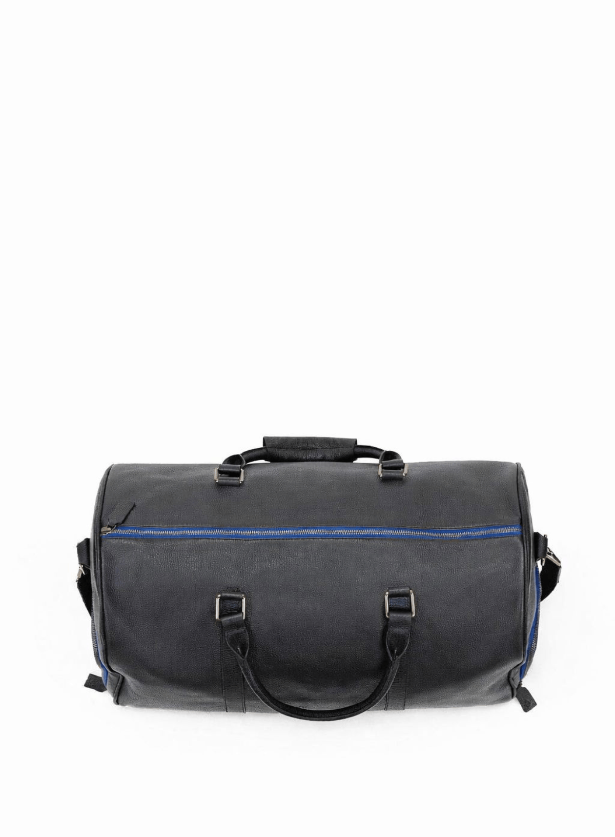 Black duffel bag with blue accents on a white background