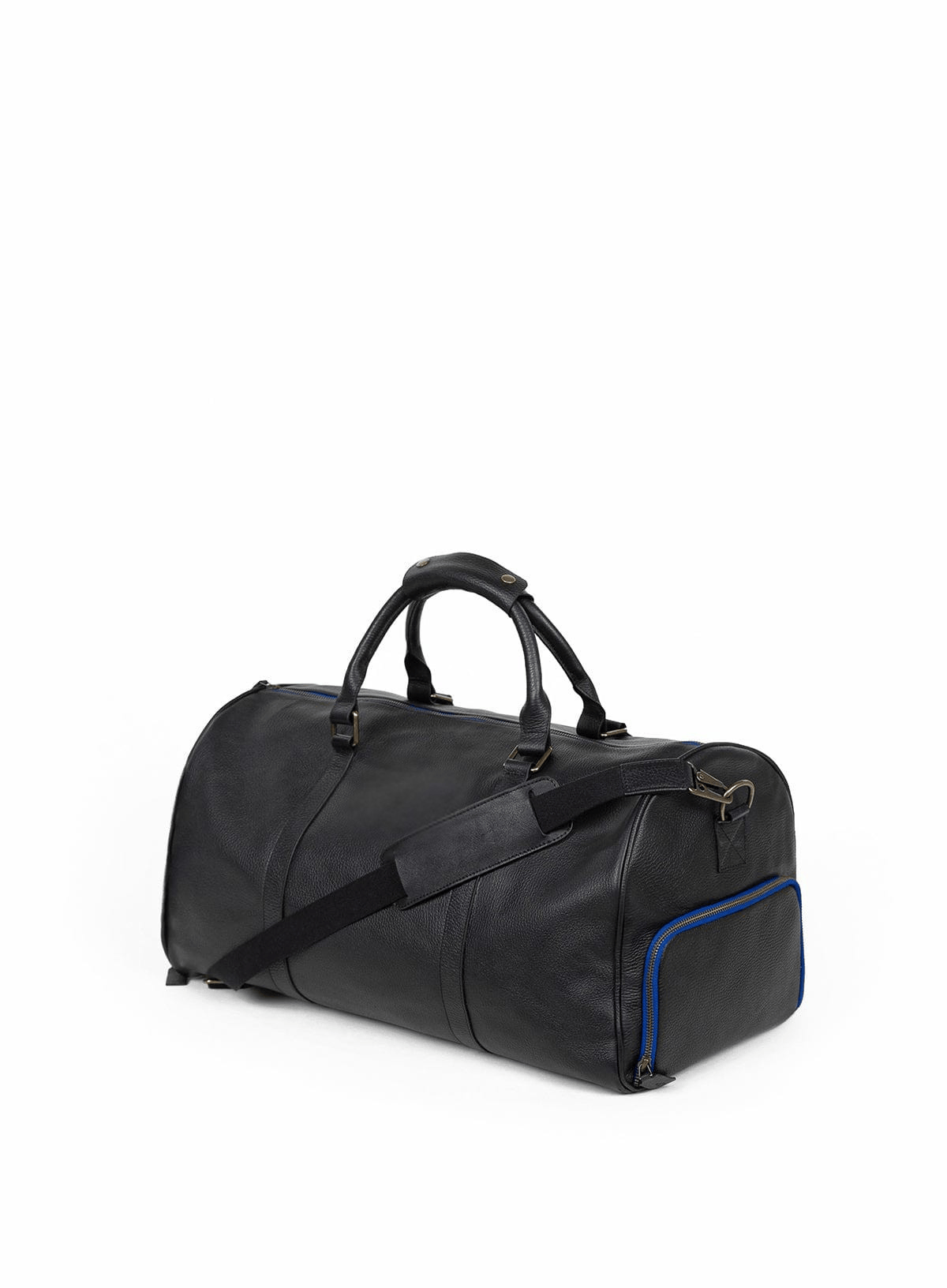 Black duffel bag with blue accents on a white background