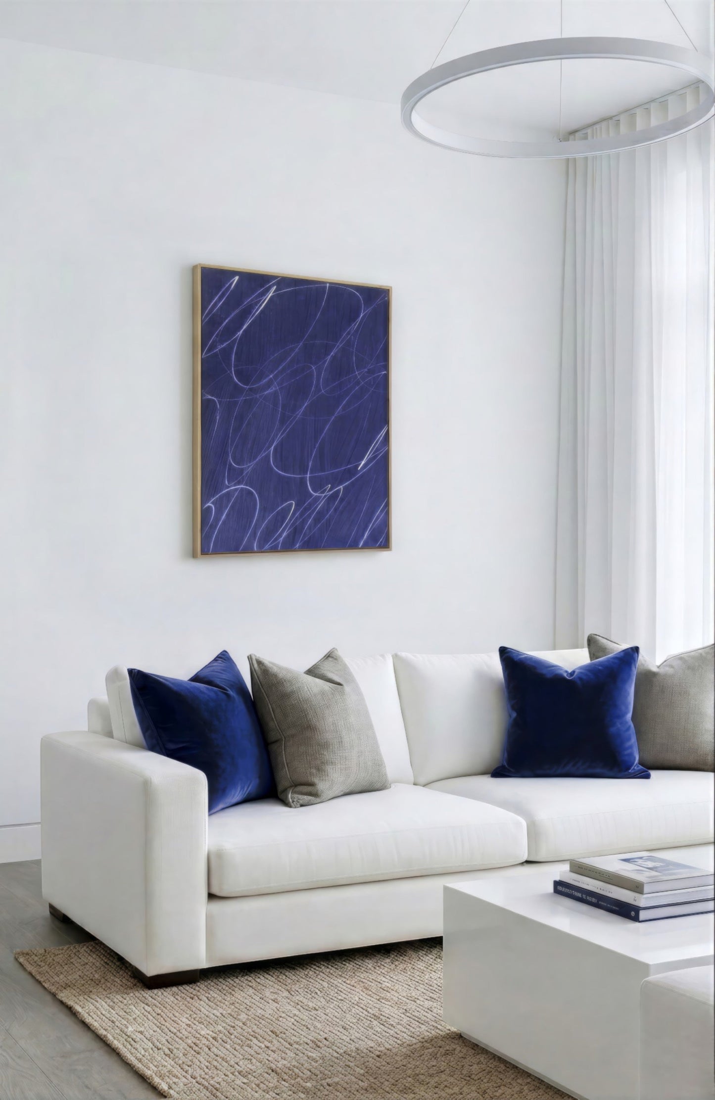 Gestural Marks in Deep Ocean Framed Canvas Wall Art